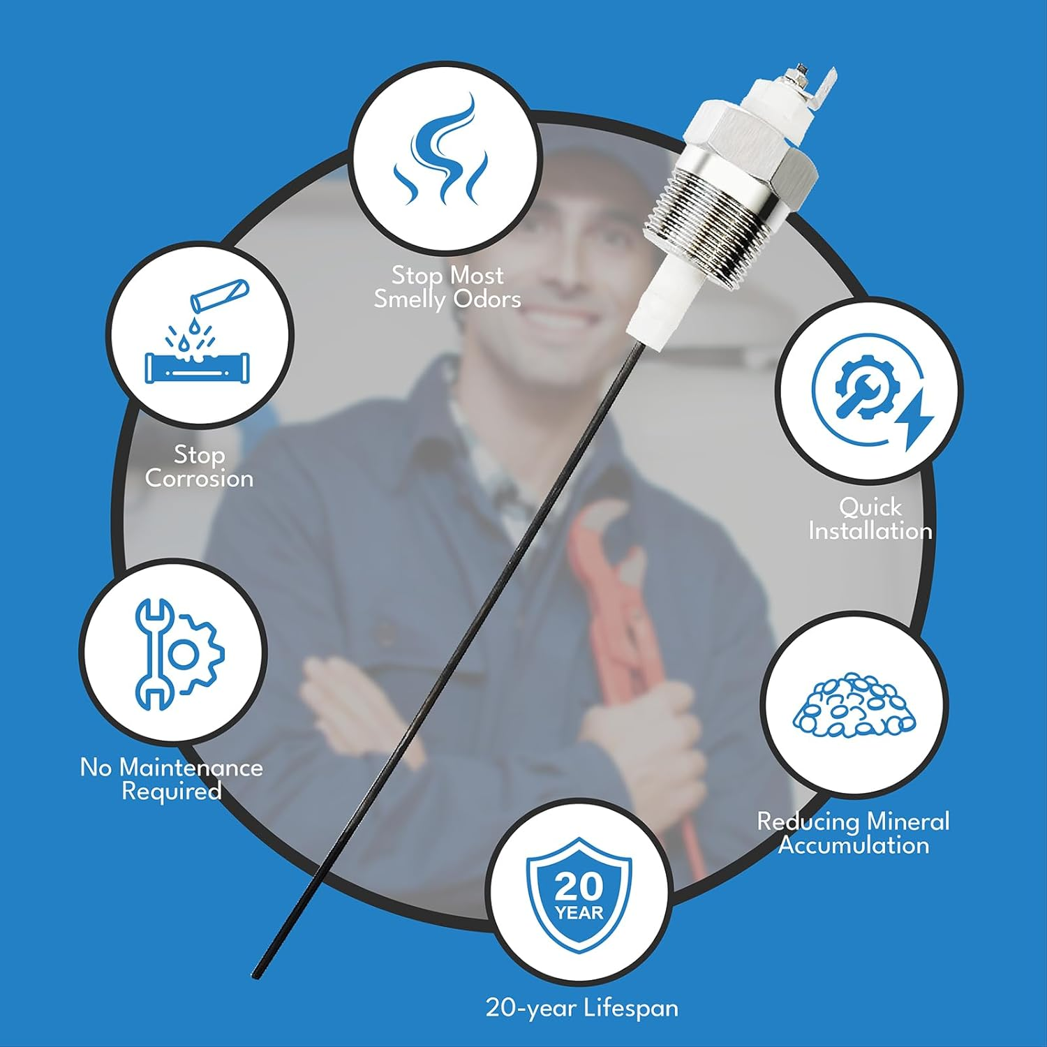 Powered Anode Rod for Water Heater Tank, Electrical Titanium Anode Rod, Eliminates Rotten Egg Smell (Type B)