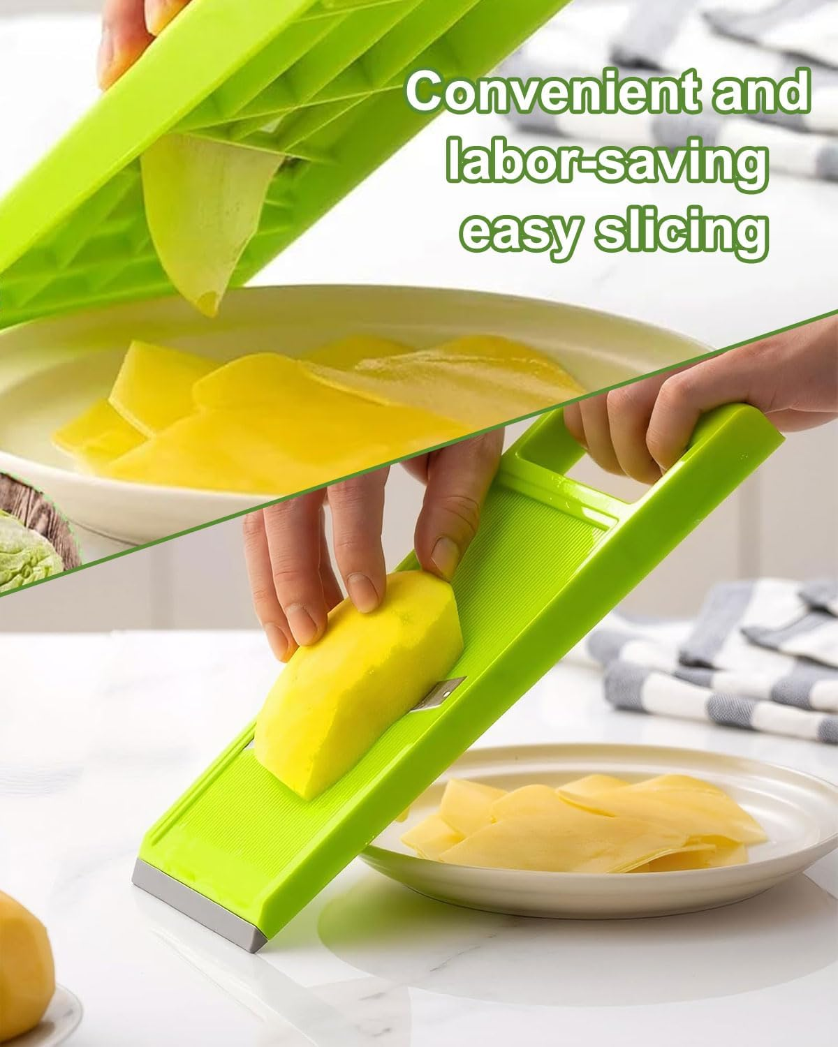 JUKOTA Vegetable Mandolin Cutter, Hand-Held Cucumber Slicer Made of Stainless Steel, Food Chopper with Ergonomic Handle, Portable Kitchen Slicer for Cheese, Onion, Potatoes (Green) image number 3