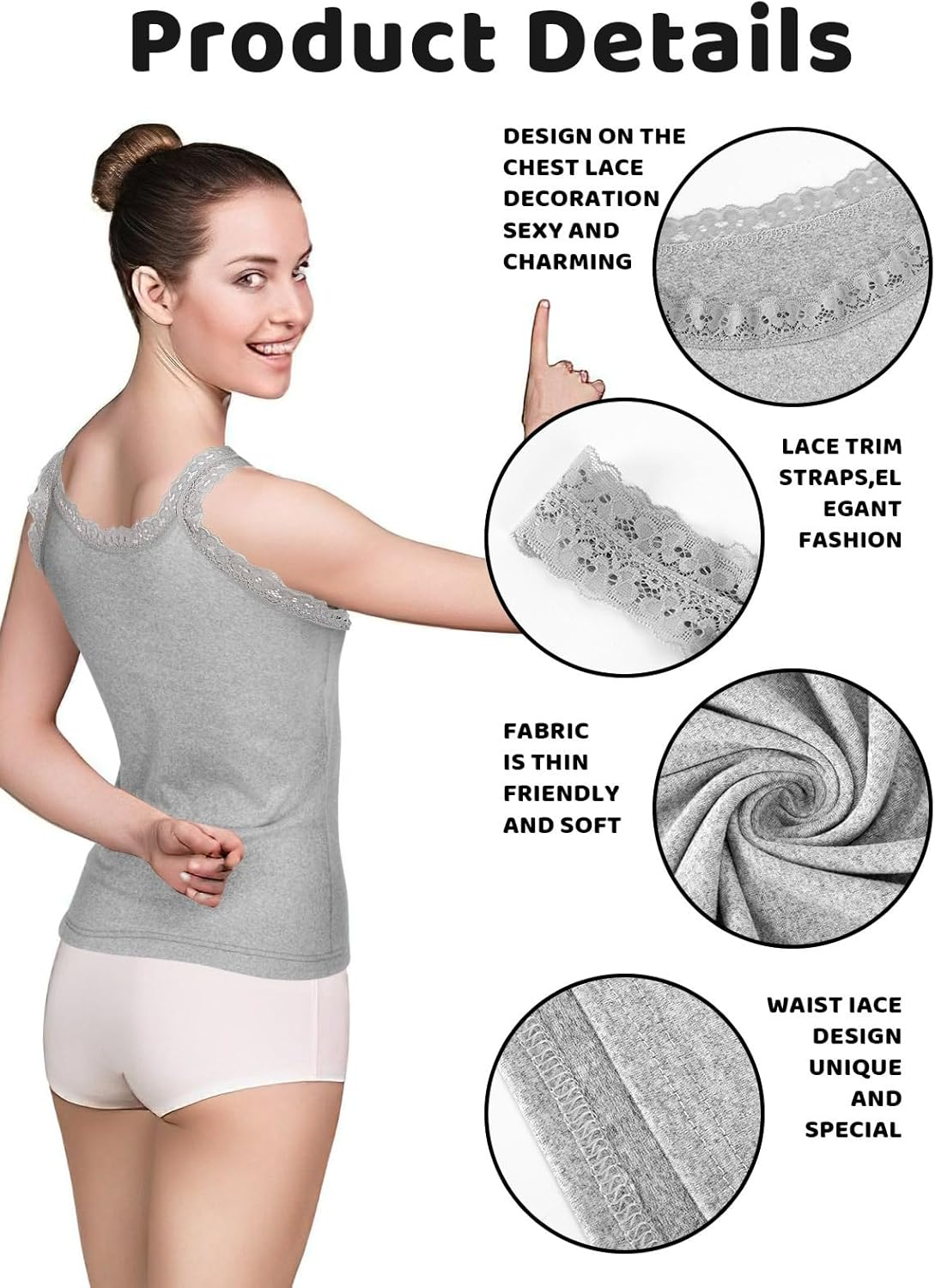 3PCS Lace Camisole Tank Tops Womens Cami Undershirt Sleeveless Ribbed Tank for Women image number 3