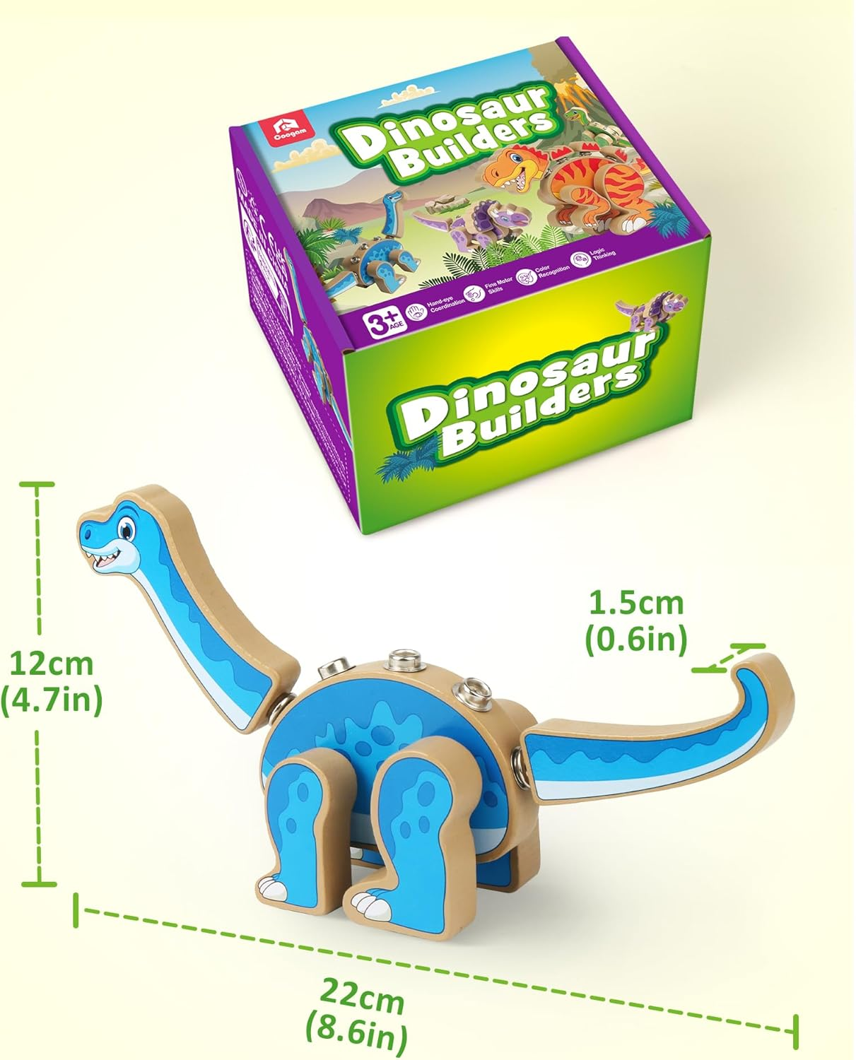 Coogam Build Your Own Dinosaurs Toy, Snap Together Building Dinosaurs Playset, Wooden STEM Take Apart Dinosaur Builder, Fine Motor Building Toy for 3 4 5 Years Old Kids image number 3