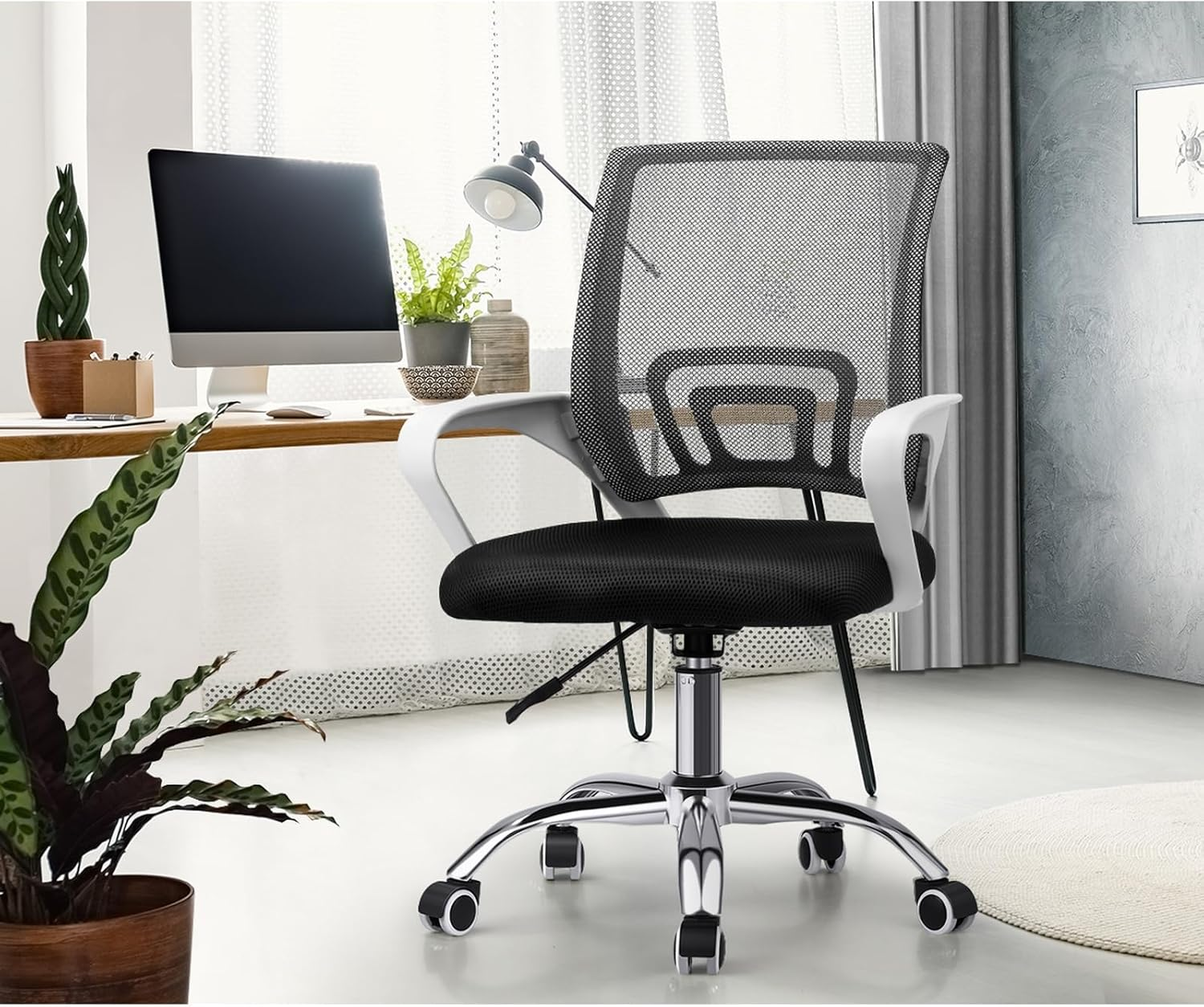 Oikiture Mesh Back Desk Chair with Lumbar Support and 150Kg Capacity Home Office Ergonomic Chair Armrest White and Black image number 1