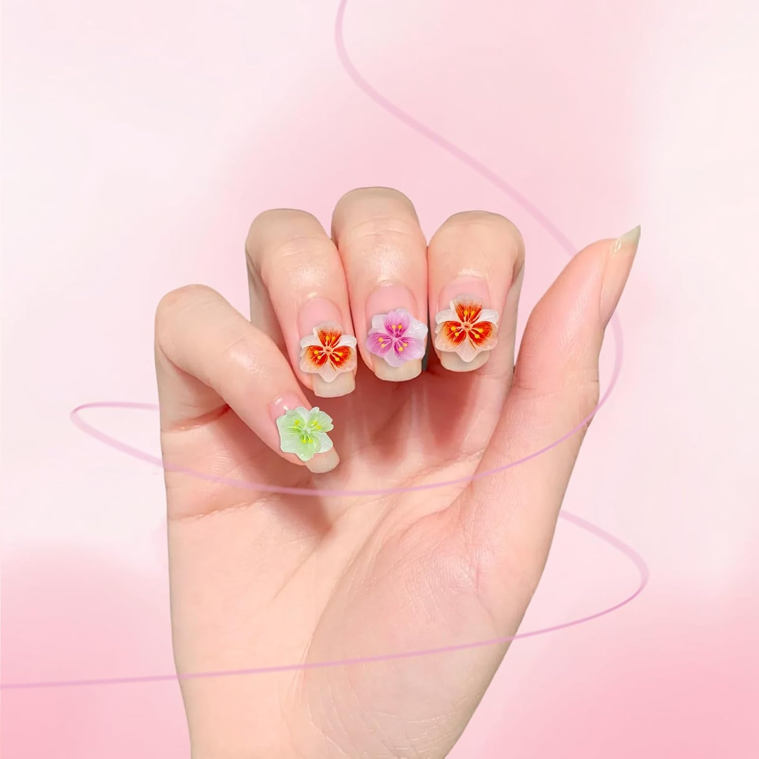 Huoflame 3D Flower Nail Charms - Ice Translucent Pack of 50 Resin Nail Decoration - Colourful Five-Leaf Charms for Nails DIY Nail Design, Glitter Rhinestone Nail Art for Gel X Nail Tips and Charm