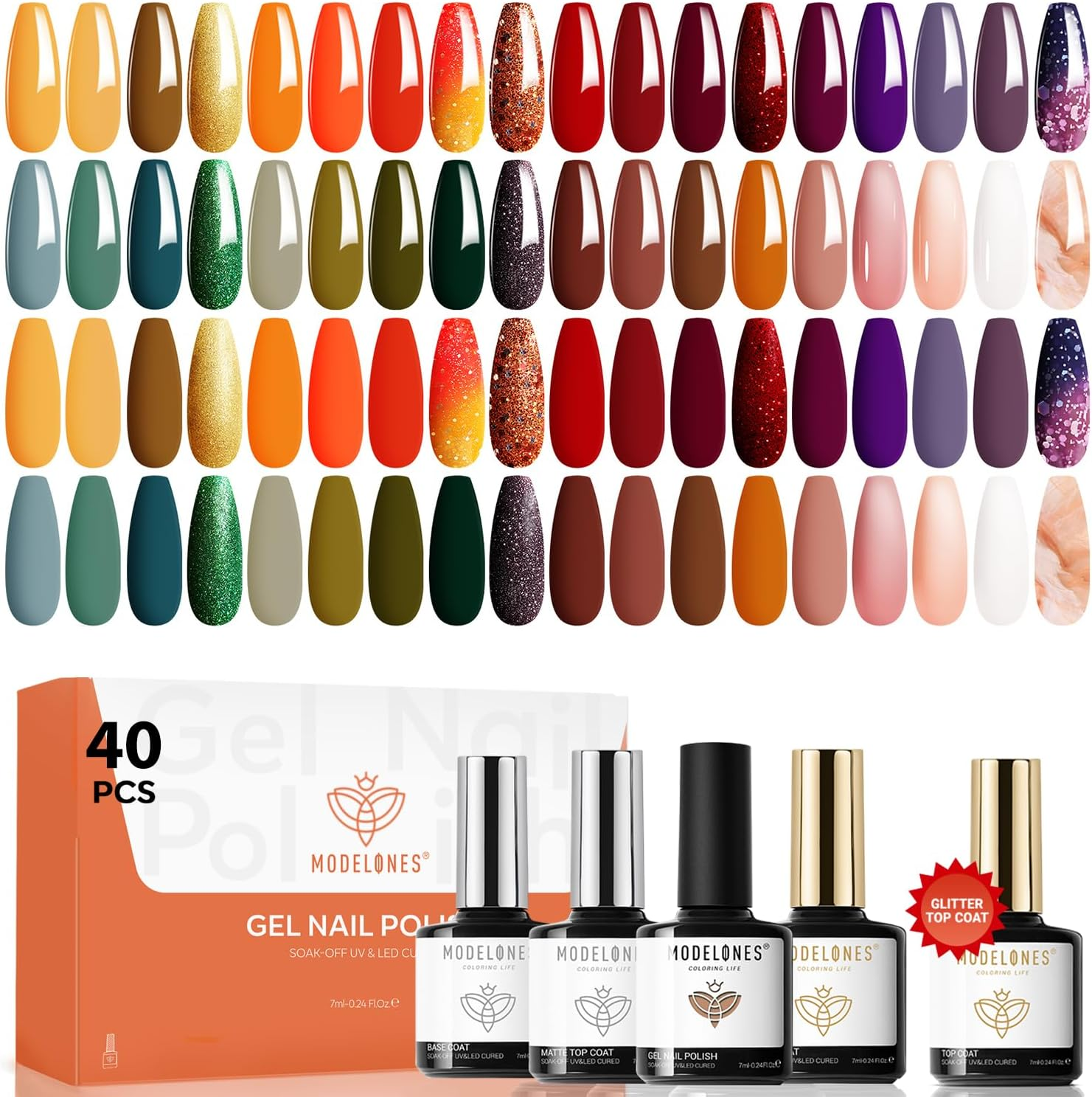 Modelones 40 Pcs Fall Gel Nail Polish Set, Halloween Nude Brown Orange Green Red Purple Gold Jelly White Colors Blooming Gel Polish Kit with Base Coat& Matte Glitter Glossy Top Coat DIY Manicure image number 1