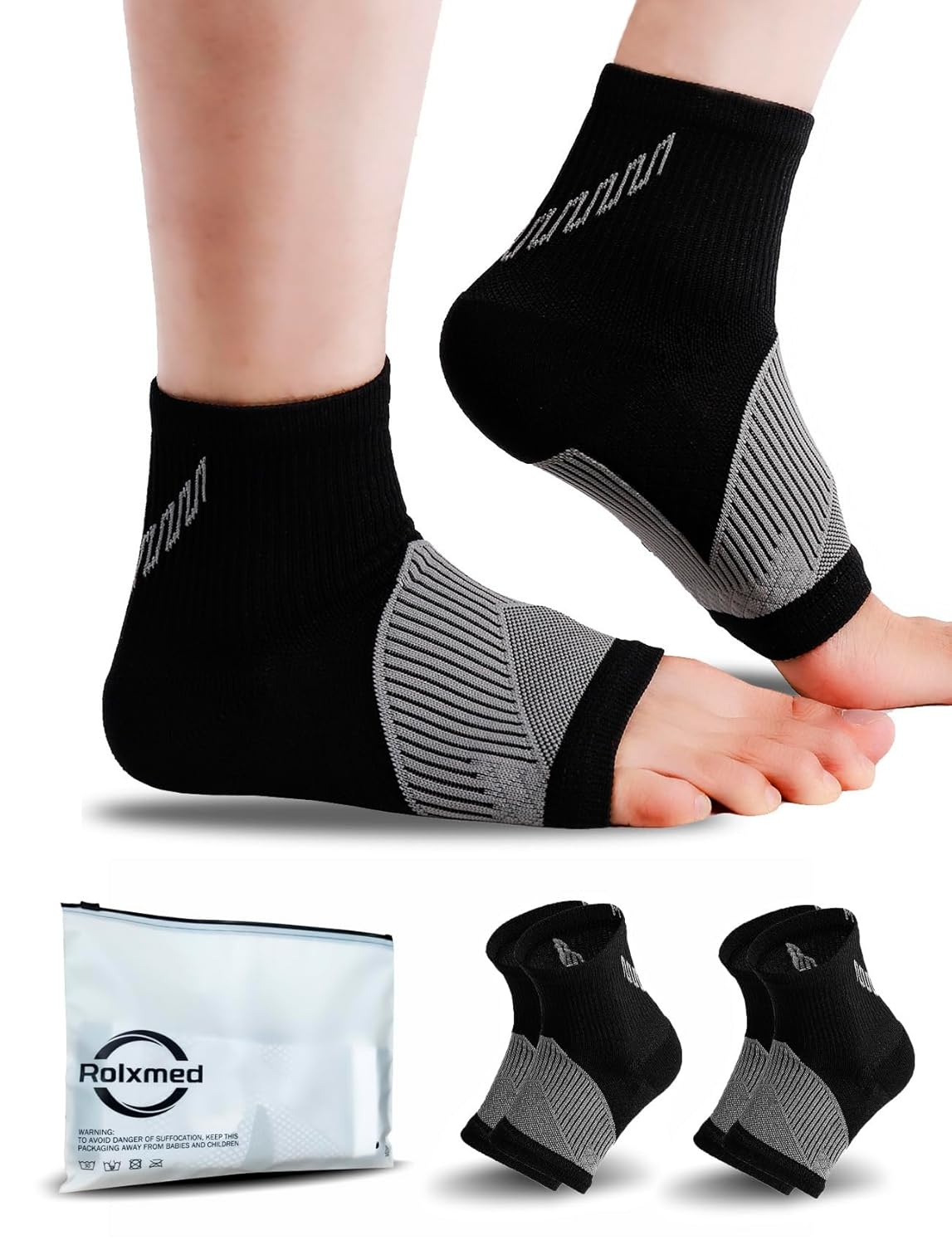 Rolxmed Ankle Support Brace Compression Sleeves for Plantar Fasciitis Neuropathy Relief Sport Socks for Men & Women (1Pair) (Black, L)