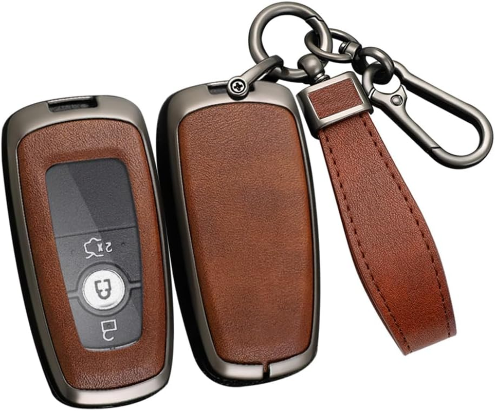 Ontto Alloy Car Key Fob Cover Fit for Ford Fusion Mustang Explorer F150 F250 F350 Ecosport Edge S-MAX Ranger Mondeo Remote Leather Key Case Shell Key Holder Keyring Keychain Accessories Black-Brown