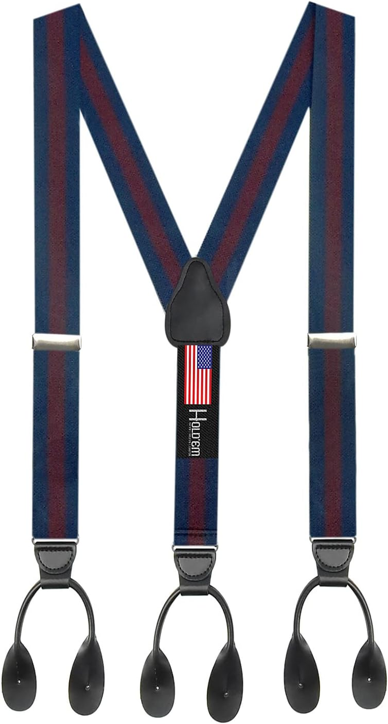 Hold'Em 1 &frac14; Fancy Stripes and Solid Suspenders for Men - Y-Back Adjustable Leather Trimmed Button End