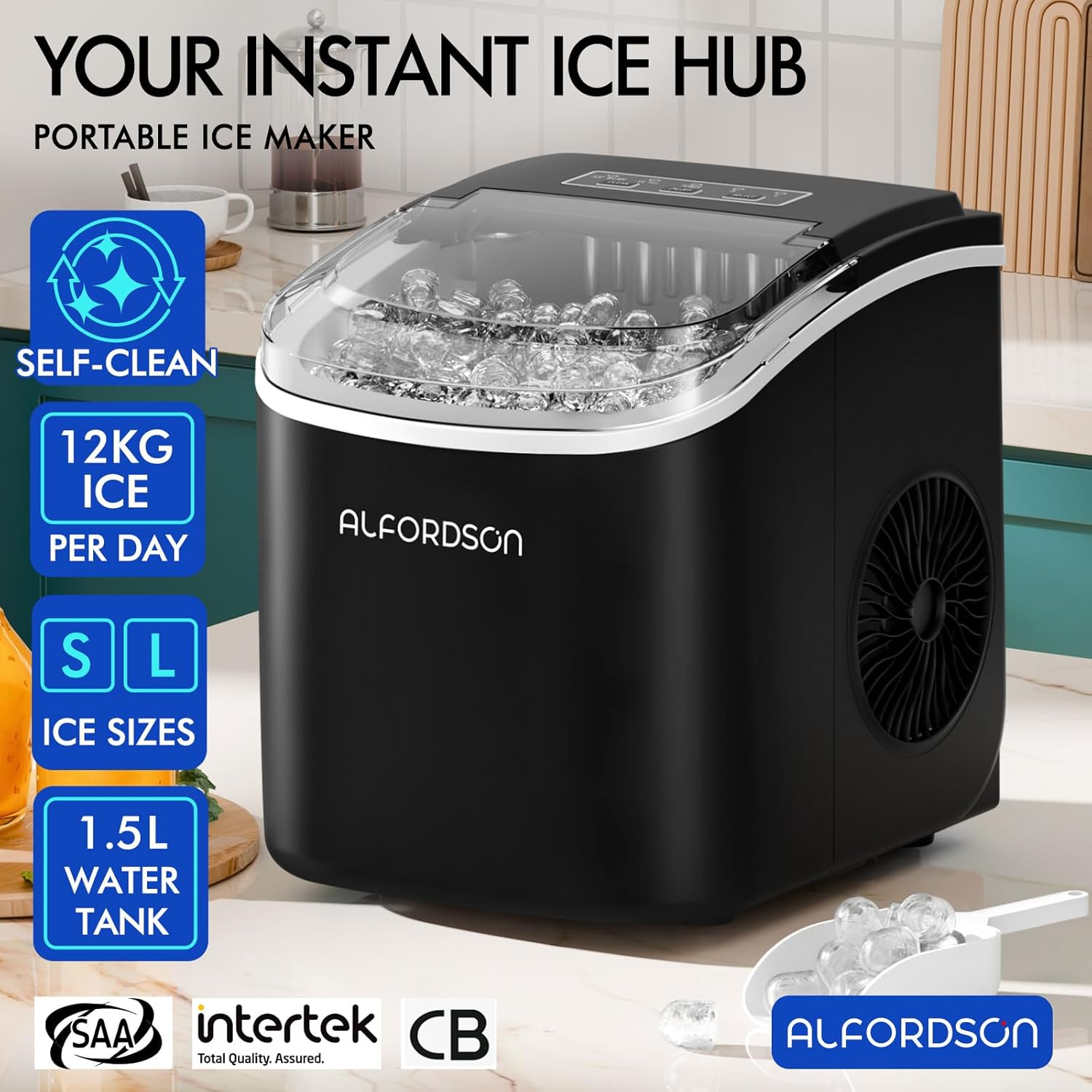 ALFORDSON Portable Ice Maker Machine with Removable Basket and Scoop, 9 Cubes in 6 Mins, Self-Cleaning Ice Machine 1.5L, 12Kg Daily 2 Sizes Ice Cube Tray, for Home/Office/Kitchen/Bar, Black image number 3