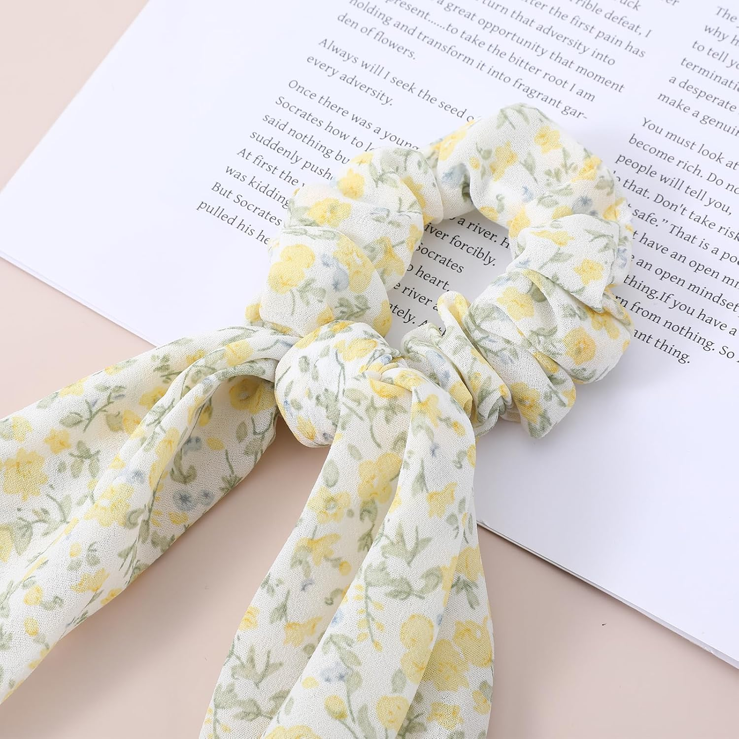 3 PCS Ribbon Hair Ties with Bow, Chiffon Crushed Flower Bowknot Hair Ties, Elastic Hair Scarf Long Ribbon Ponytail Scrunchies for Women Girls (Pink, Yellow, Green) image number 2
