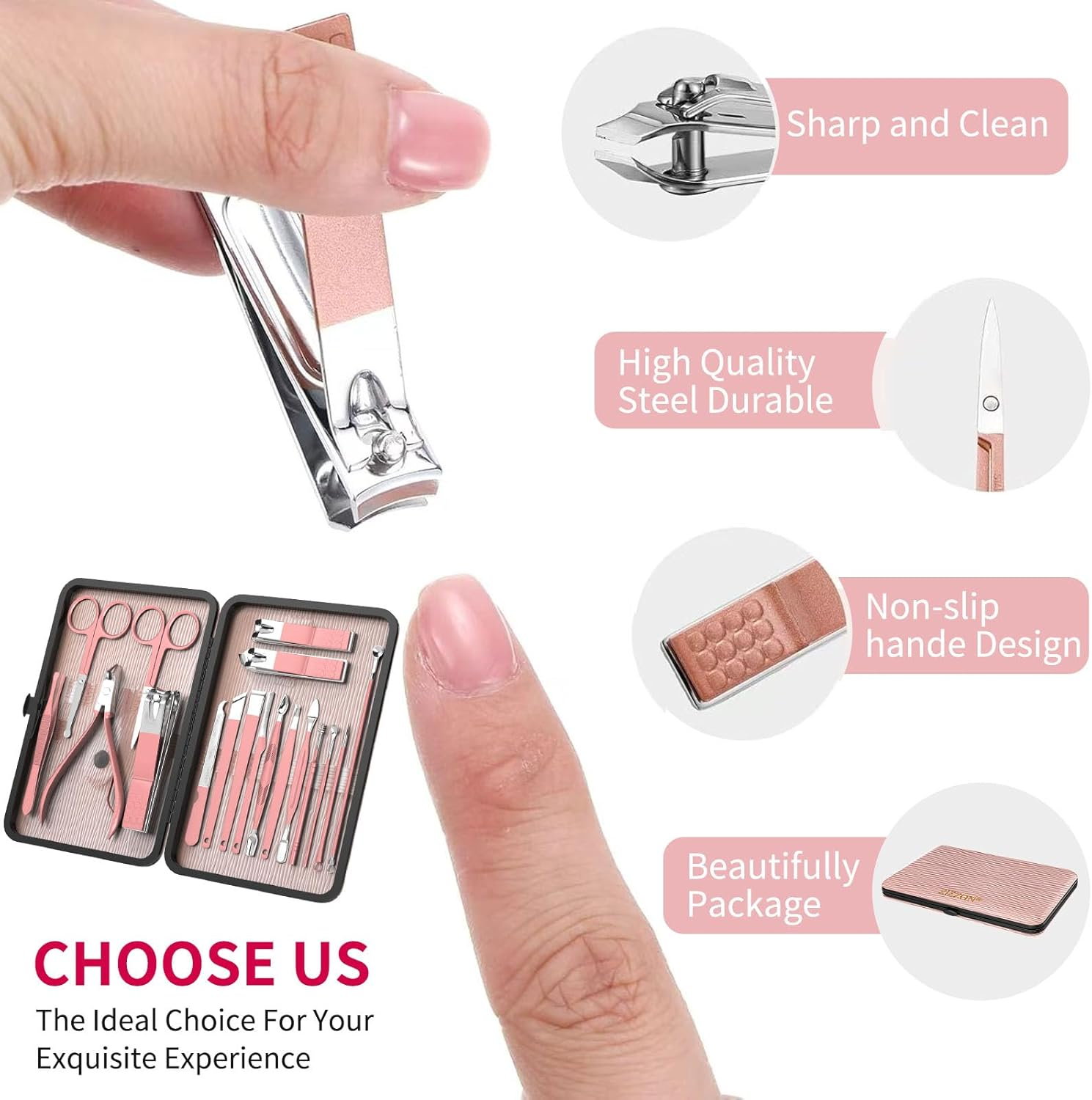ZIZZON Manicure Set 18 in 1 Professional Pedicure Set Nail Scissors Grooming Kit with Leather Travel Case Pink