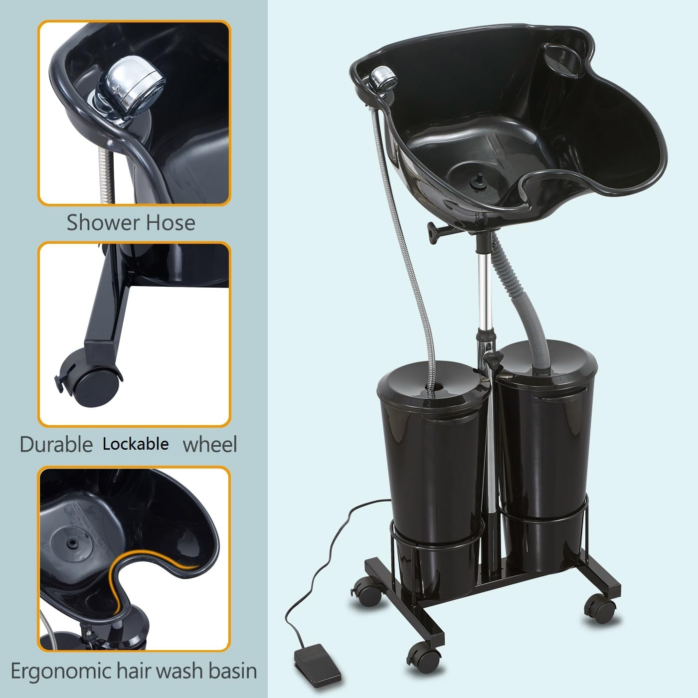 Nazalus Portable Shampoo Bowl with Electric Pump (Pack of 1) | Adjustable Basin Height, Dual-Bucket Design with Drain Hoses | Home & Barber Use | Black image number 1