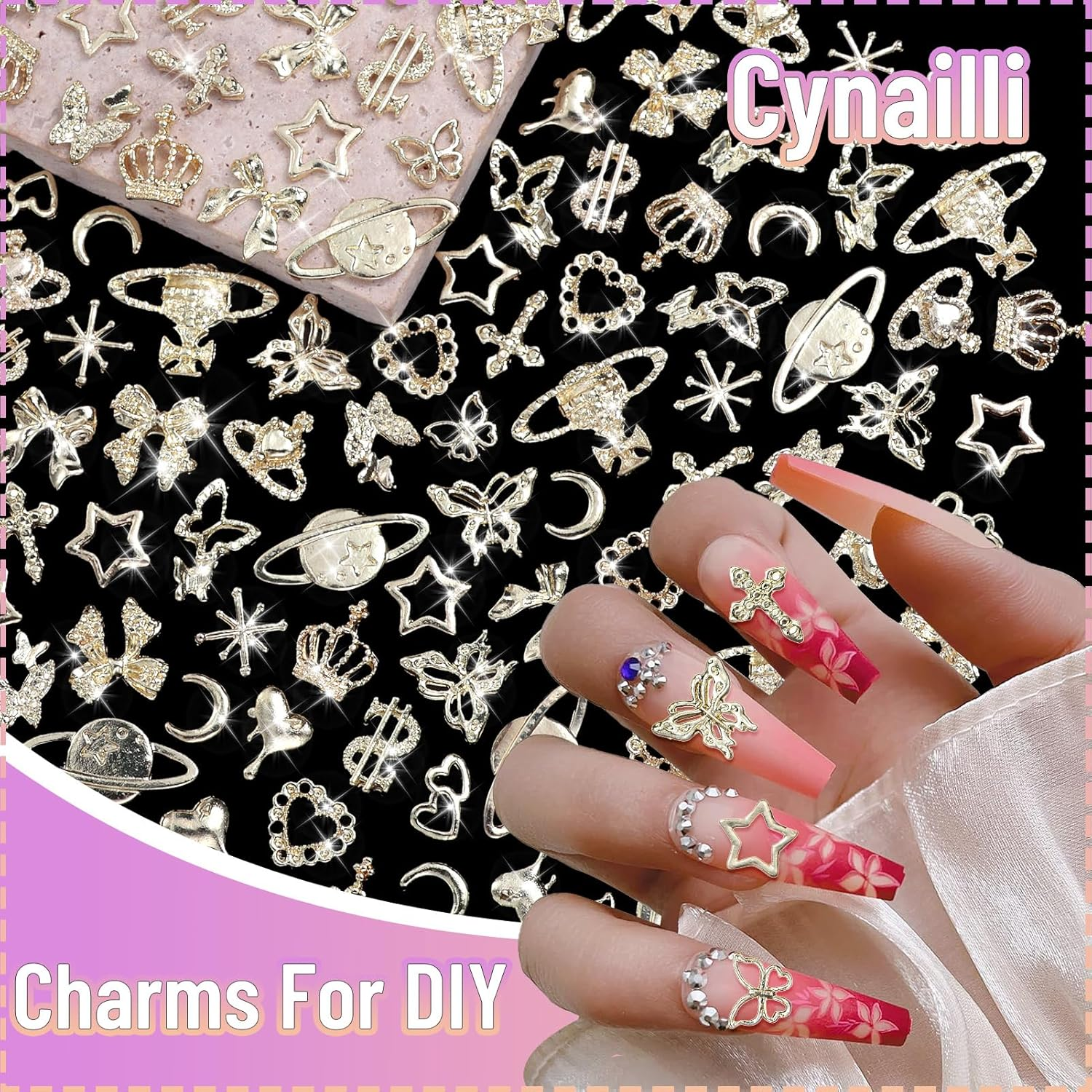 180 Pcs Gold Nail Charms and Gems, Crown Heart Bow Star Butterfly Planet Cross Alloy Nail Art Jewelry 18 Styles Metal Shiny Luxury Nail Art Decoration Y2K Fold Nail Charms for Nails Art Design