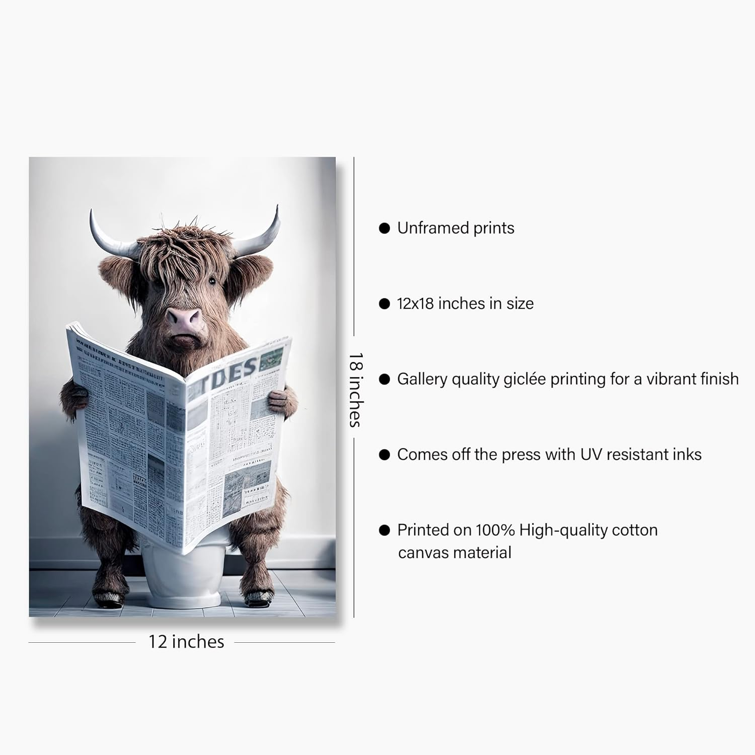 Rc6On Funny Highland Cow Wall Art Canvas in Bathroom Picture, Humor Animals Artwork Prints, Rustic Farmhouse Styles Decor for Living Room, Bedroom, Kids (12X18Inch, Unframed) image number 2