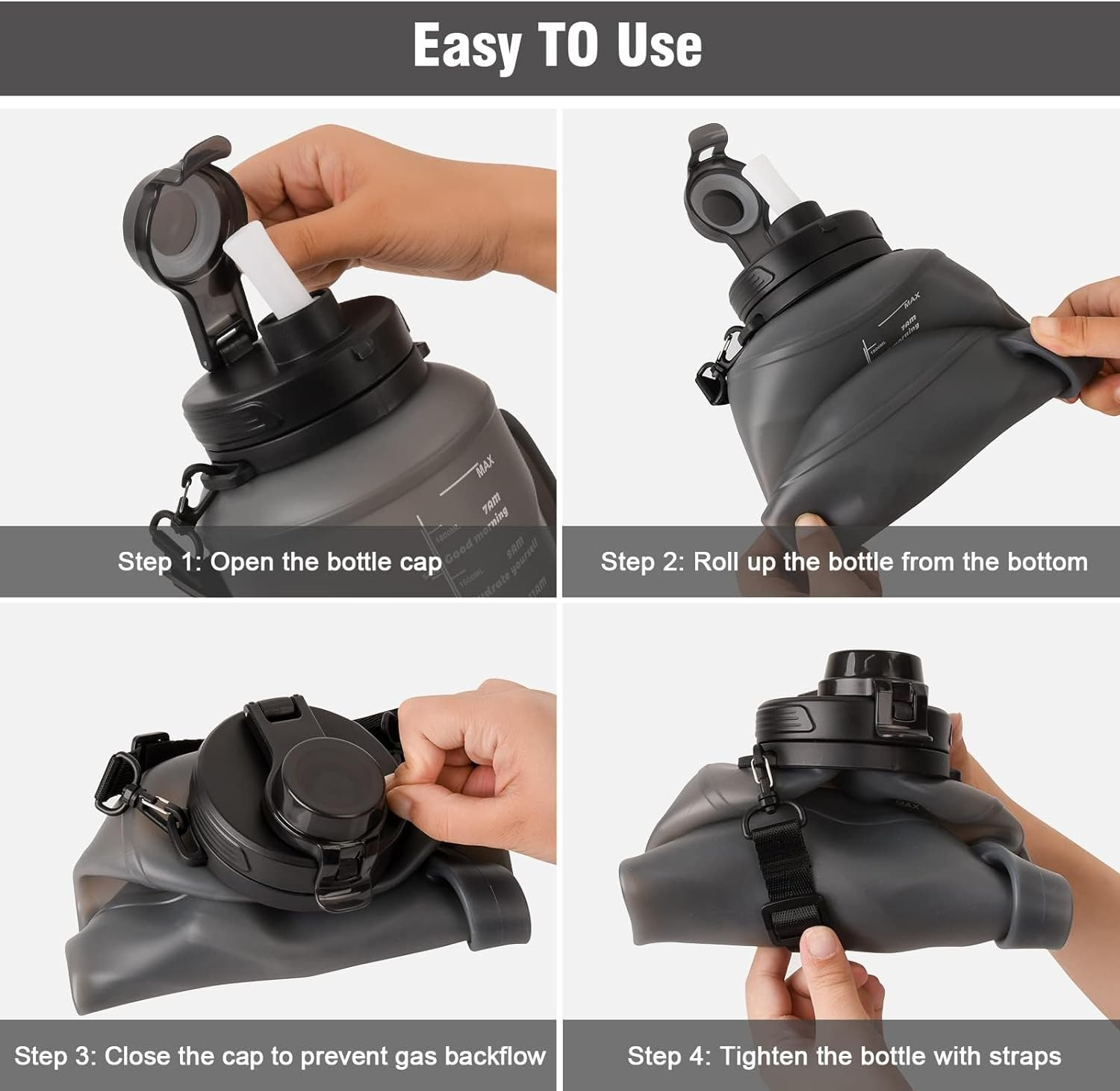 Collapsible Water Bottles, 2L Reusable Collapsible Water Bottle for Travel Leakproof, BPA Free Foldable Silicone Water Bottles with Straw for Traveling Sport Gym Camping Hiking (Black) image number 1