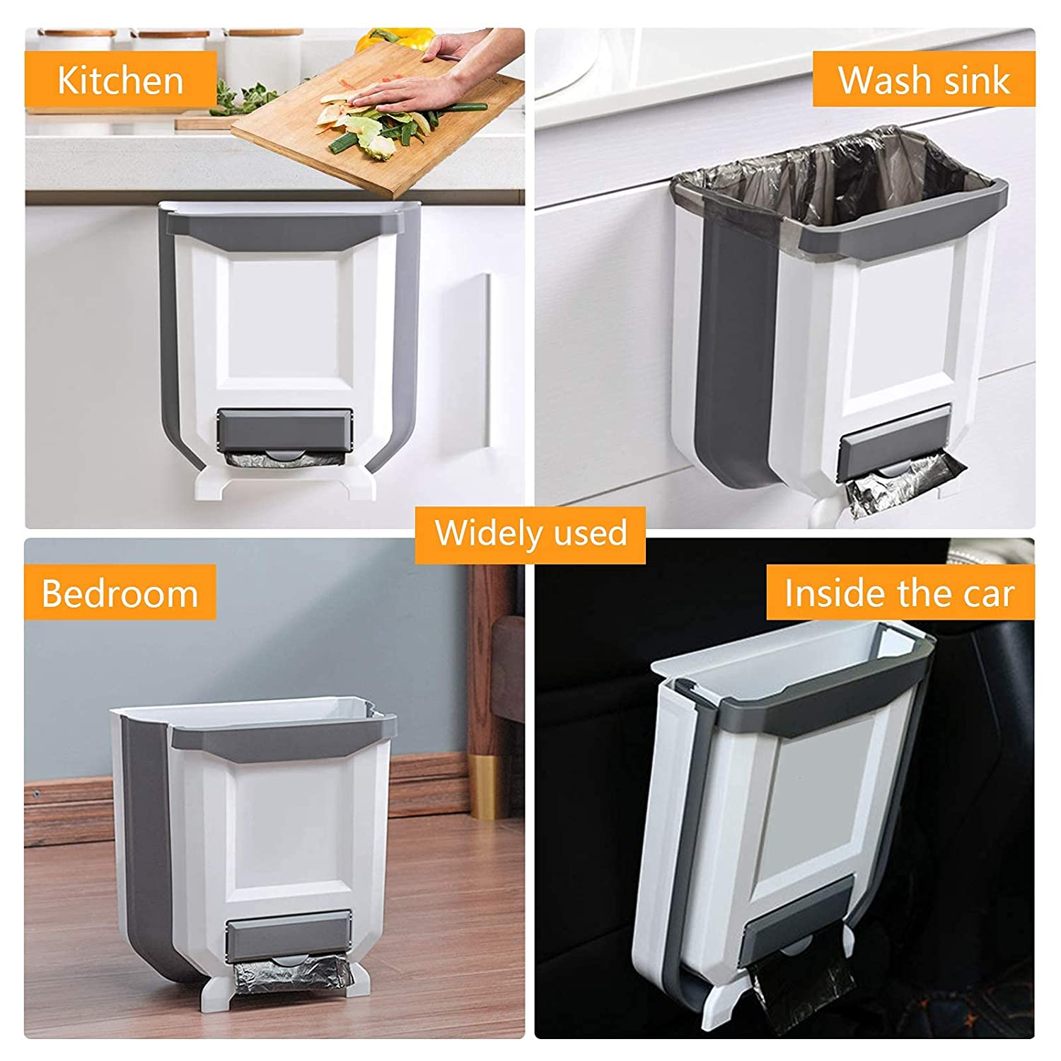 Kitchen Bin,Rubbish Bin Plastic Folding Wall Mounted for Cupboard Door Hanging Trash Can 8L (White) - White image number 5