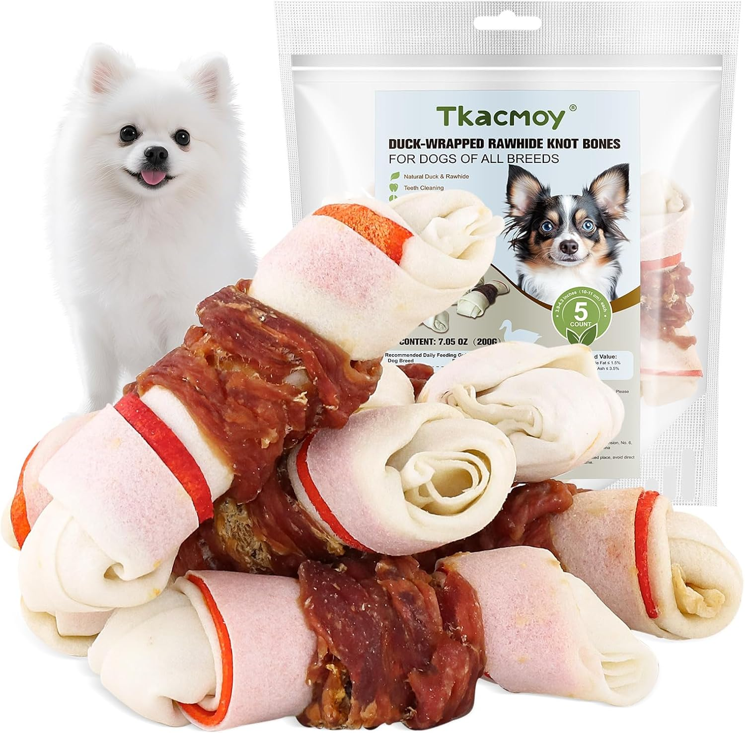 Duck Wrap Knotted Rawhide Bones, Long - Lasting Beefhide Dog Treats for Small to Large Dogs Training Treats, Real Duck Wrap Rawhide Promotes Dental Health 4.3" Pack of 5 7.05 Oz（200G） image number 3