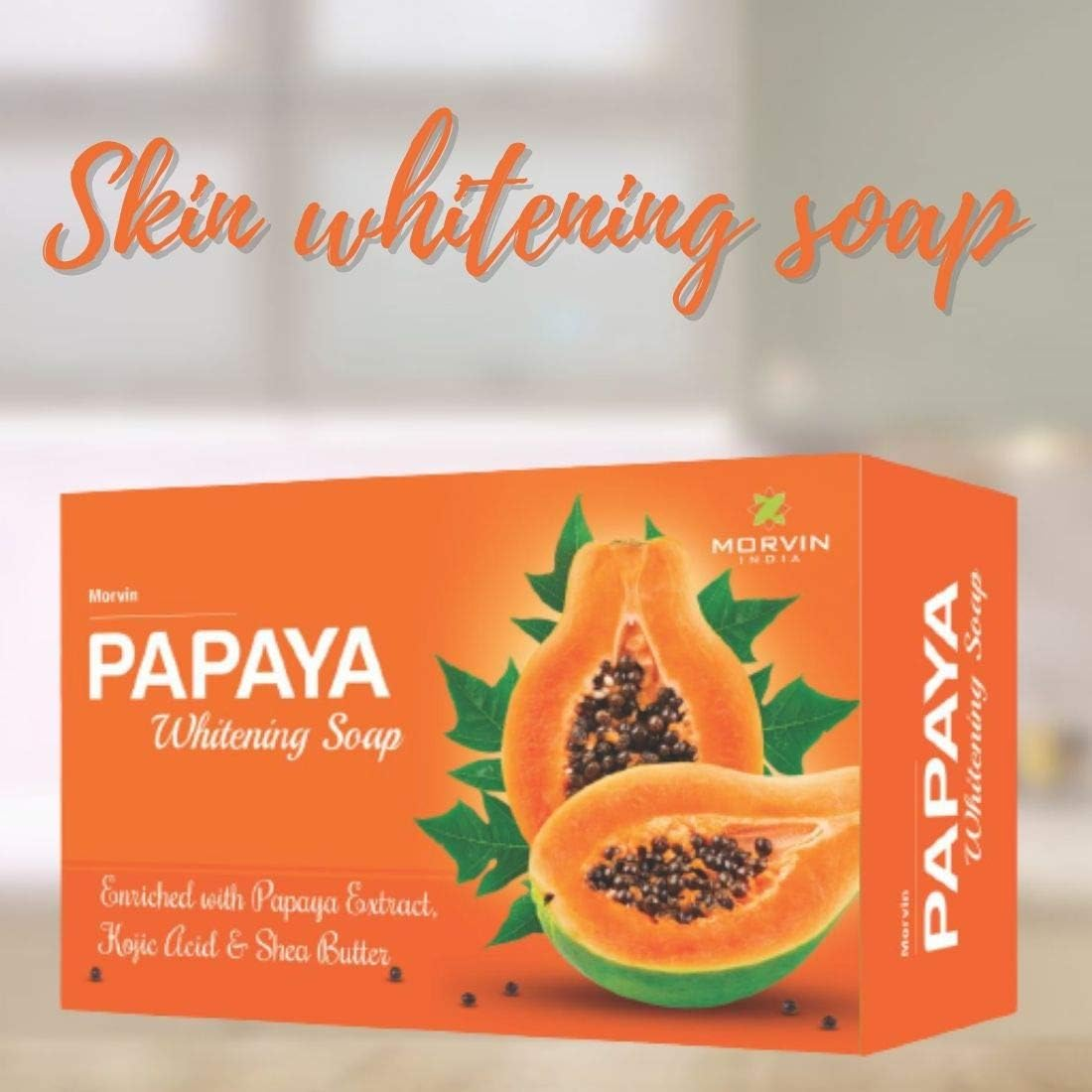 Morvin India Papaya Skin Whitening Soap 75Gm(Pack of 4) for Skin Whitening, Enriched with Papaya Extract, Kojic Acid and Shea Butter image number 2
