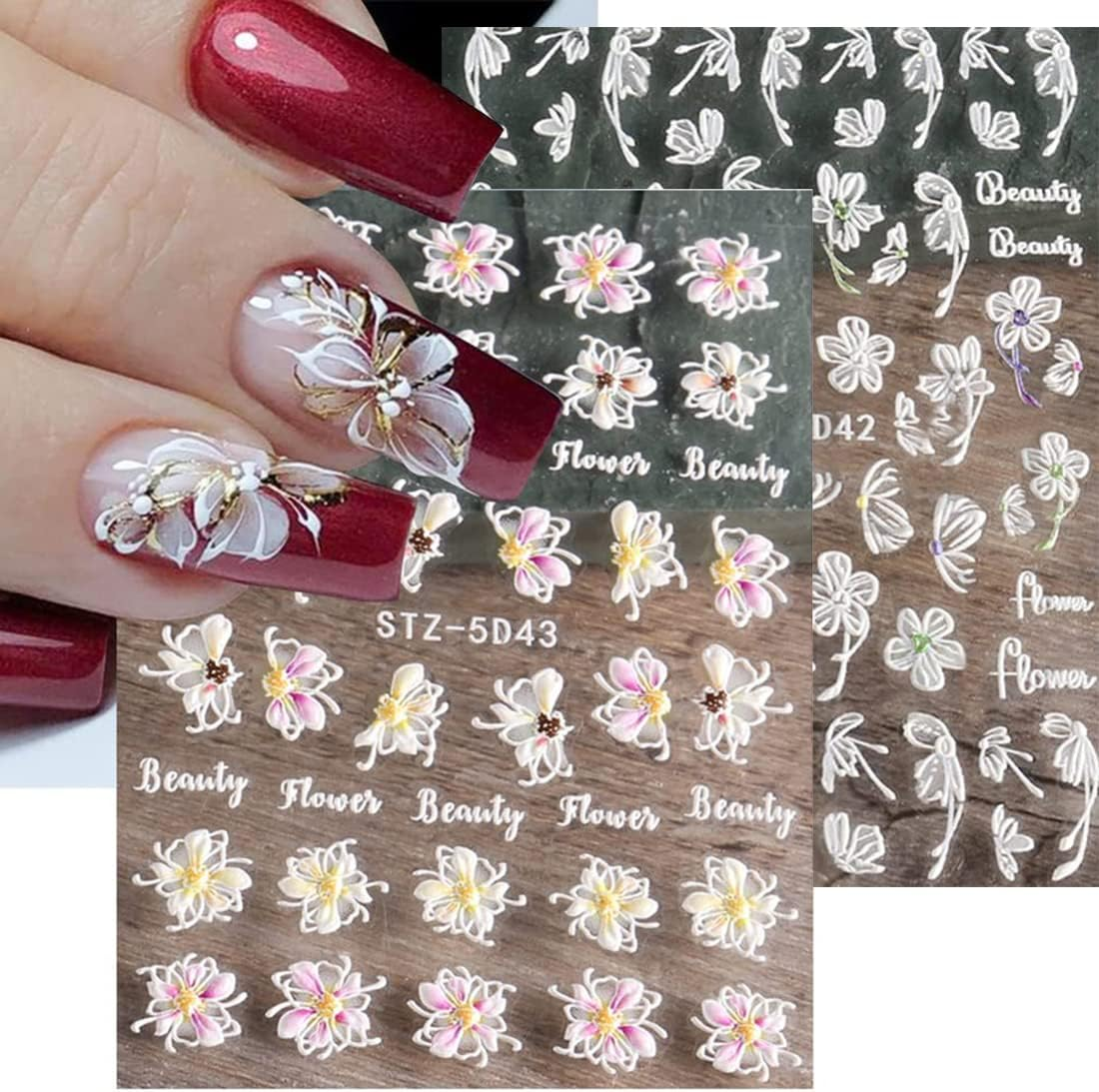 3D Embossed Flowers Nail Art Stickers Decals 4 Sheets 5D Self-Adhesive Pegatinas U&ntilde;as Pink Cherry Blossoms Nail Supplies Nail Art Design Decoration Accessories image number 4