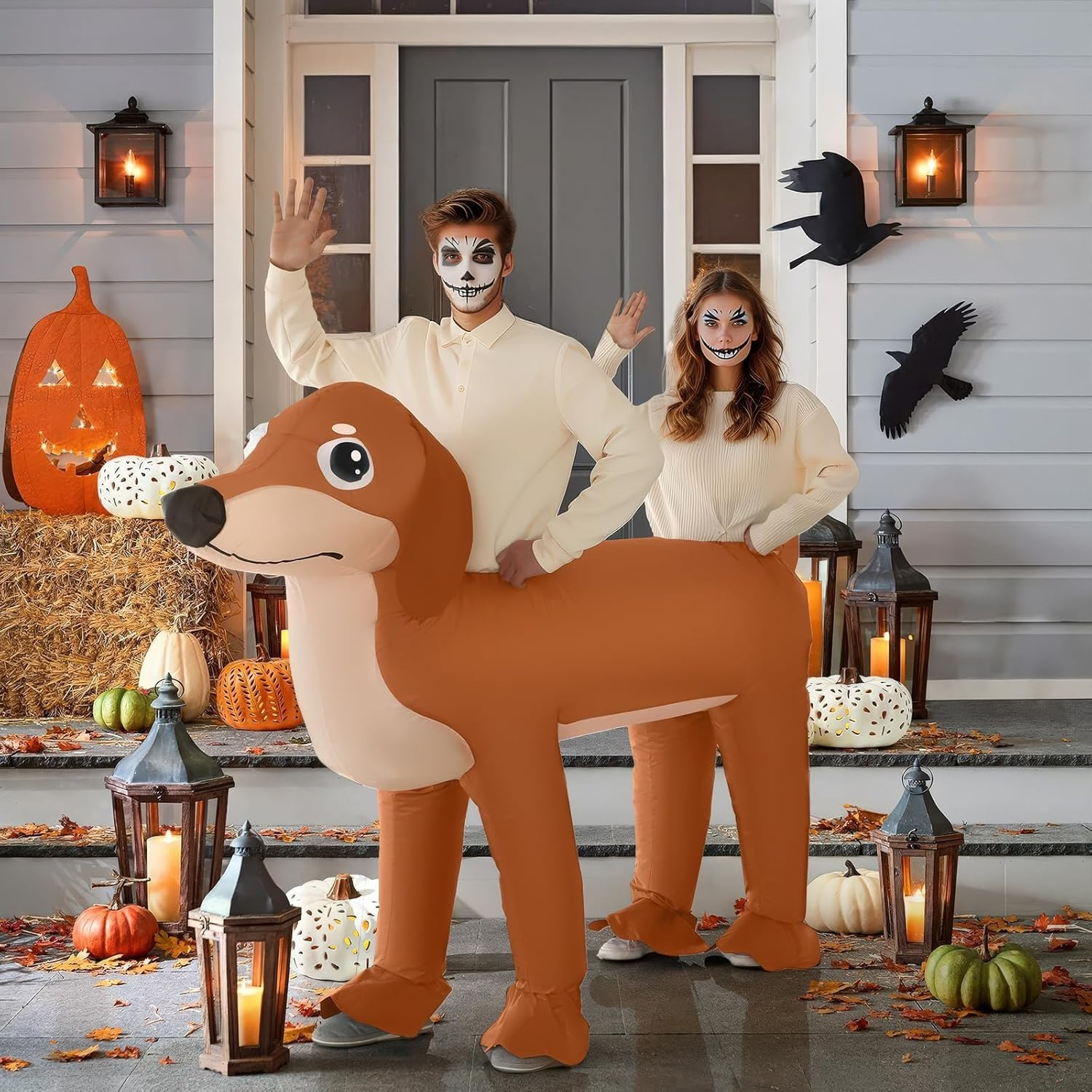 Couple Inflatable Dachshund Costume for Adult Halloween Blow up Costumes 2 People Funny Dog Costumes for Men Women Cosplay image number 4