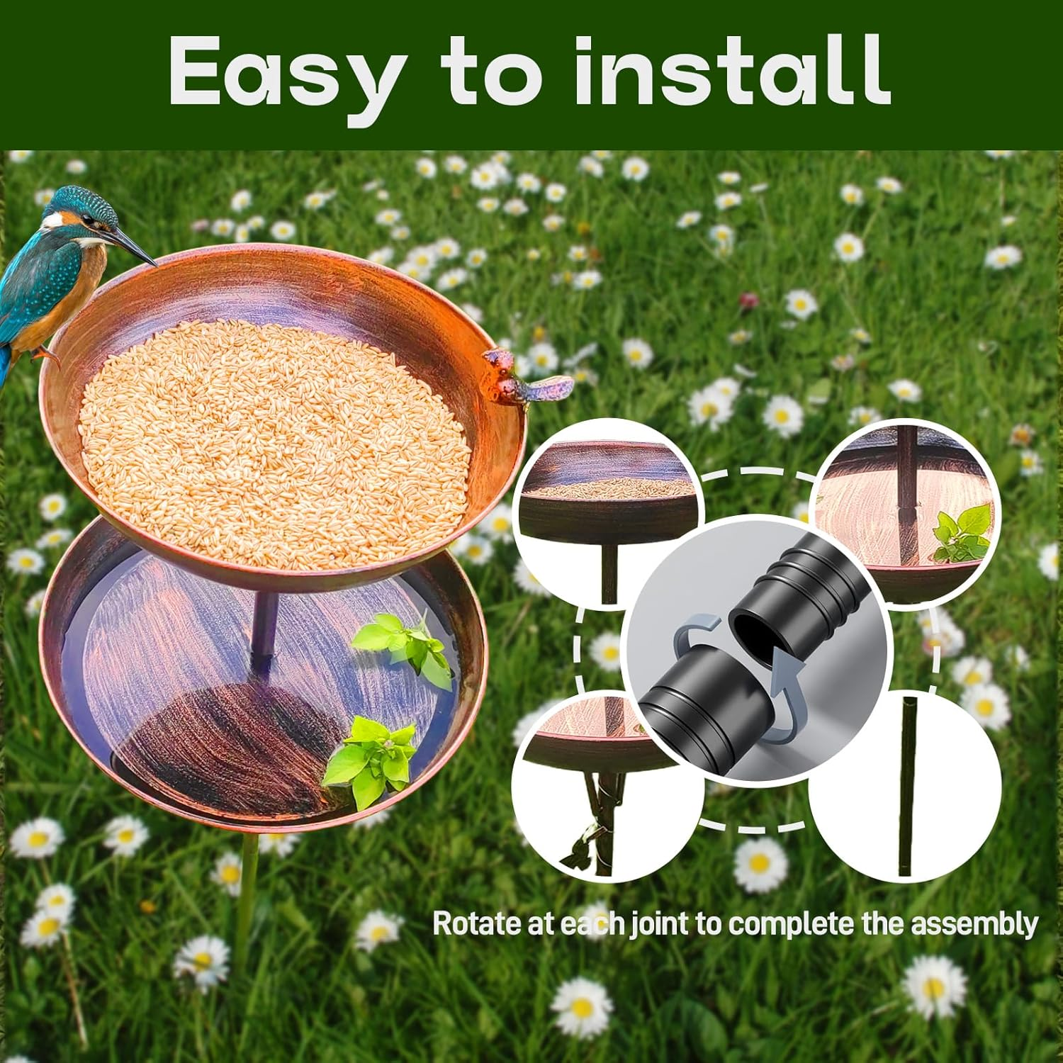 Gripebao 120 Cm Large Metal Bird Bath and Feeder for Outside, Tall Freestanding Birdbaths for Outdoors, Removable Double Water Feeder Bowl with Stable 5-Prong Pedestal for Garden Lawn Patio image number 1