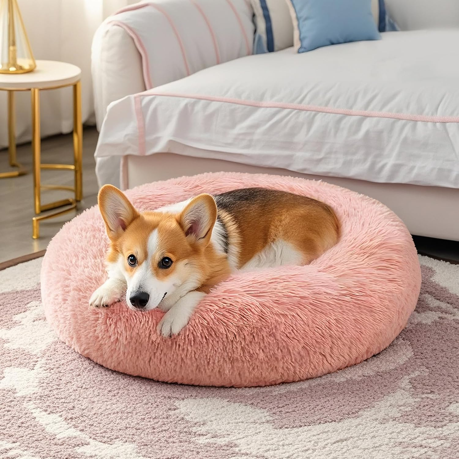 Spring Blossoms - Donut-Shaped Dog and Cat Bed, Non-Slip and Fluffy in Fur, Machine Washable (Fairy Pink, 70Cm) image number 1