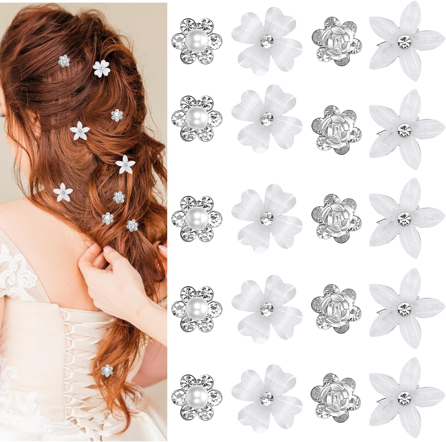 20Pcs Mini Rhinestone Hair Pins Small Mini Pearl Claw Clips with Flower Design Cute Small Decorative Wedding & Bridal Barrettes Crystal-Adorned and Sparkling Metal Side Clips for Girls & Women image number 2