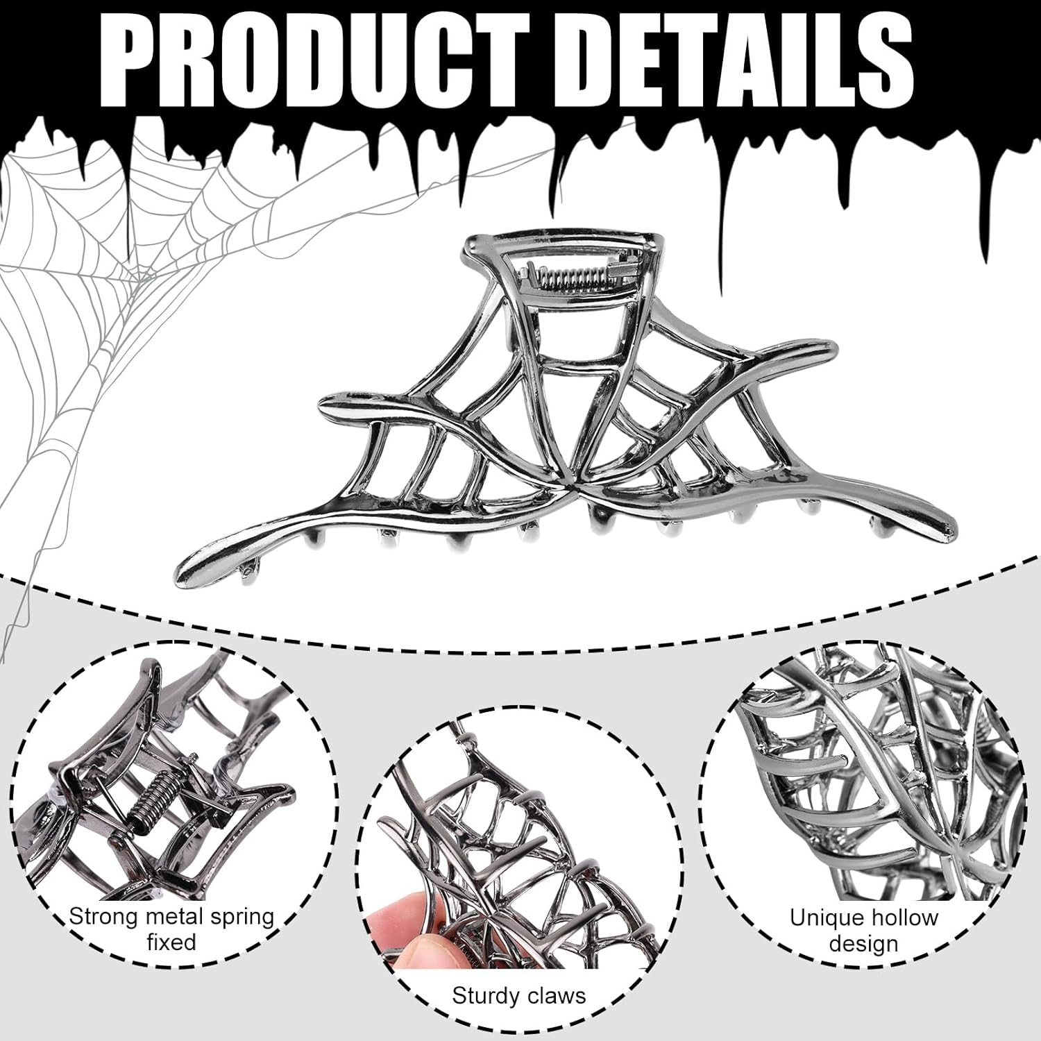 Fukaisu 3 Pcs Halloween Hair Claw Clips for Women & Girls, Gothic Metal Hair Accessories with Hollow Design Spider Web Bat Spider Claw Clips for Halloween Party Cosplay image number 2