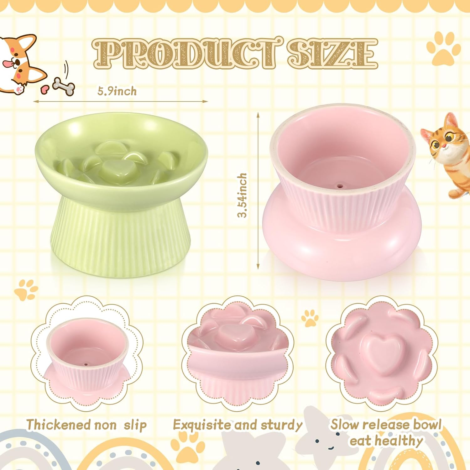 Layhit 2 Pack Raised Slow Feeder Cat Bowls Ceramic Elevated Cat Food Bowls anti Vomiting Slow Feeder for Dog and Kitten for Dry and Wet Food(Green, Pink) - Pink, White image number 3