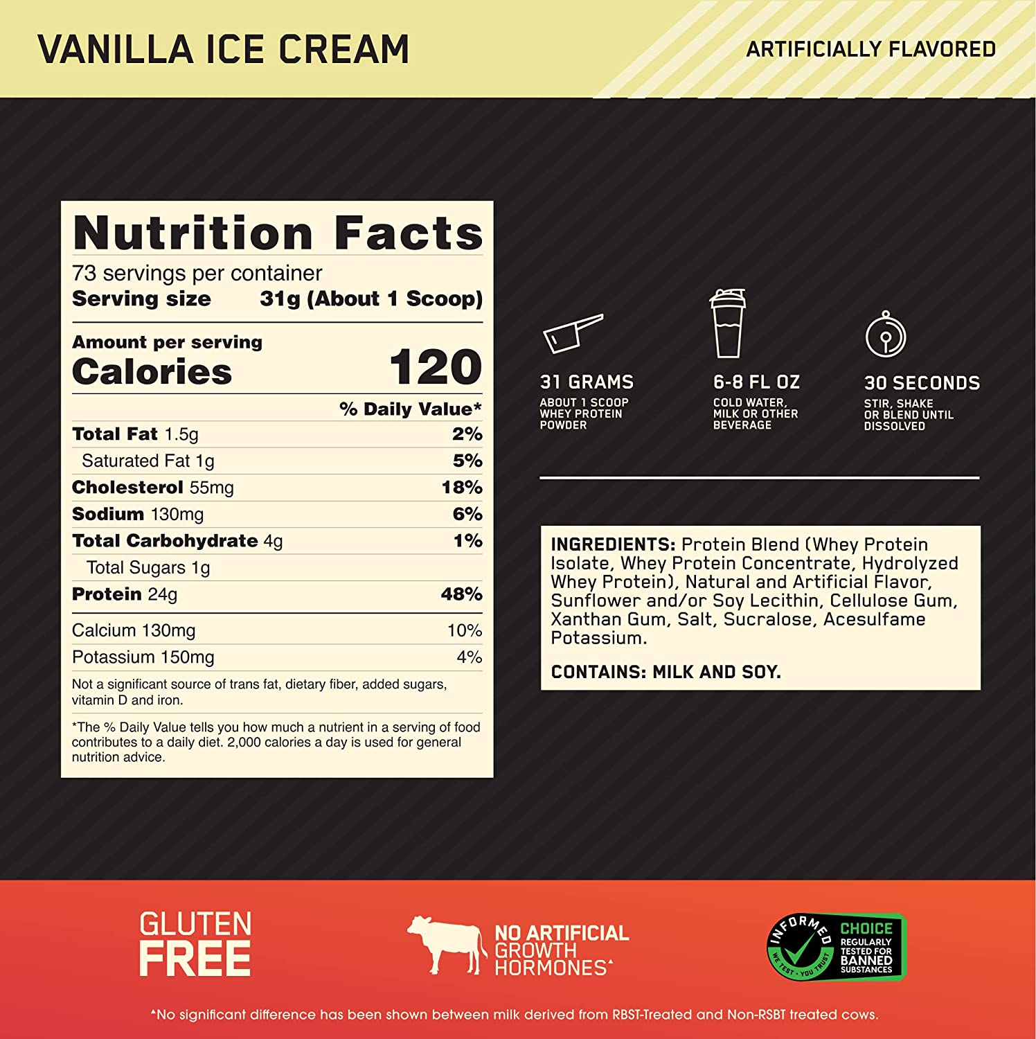Optimum Nutrition Gold Standard 100% Whey Protein Powder, Vanilla Ice Cream, 2.27 Kilograms image number 2