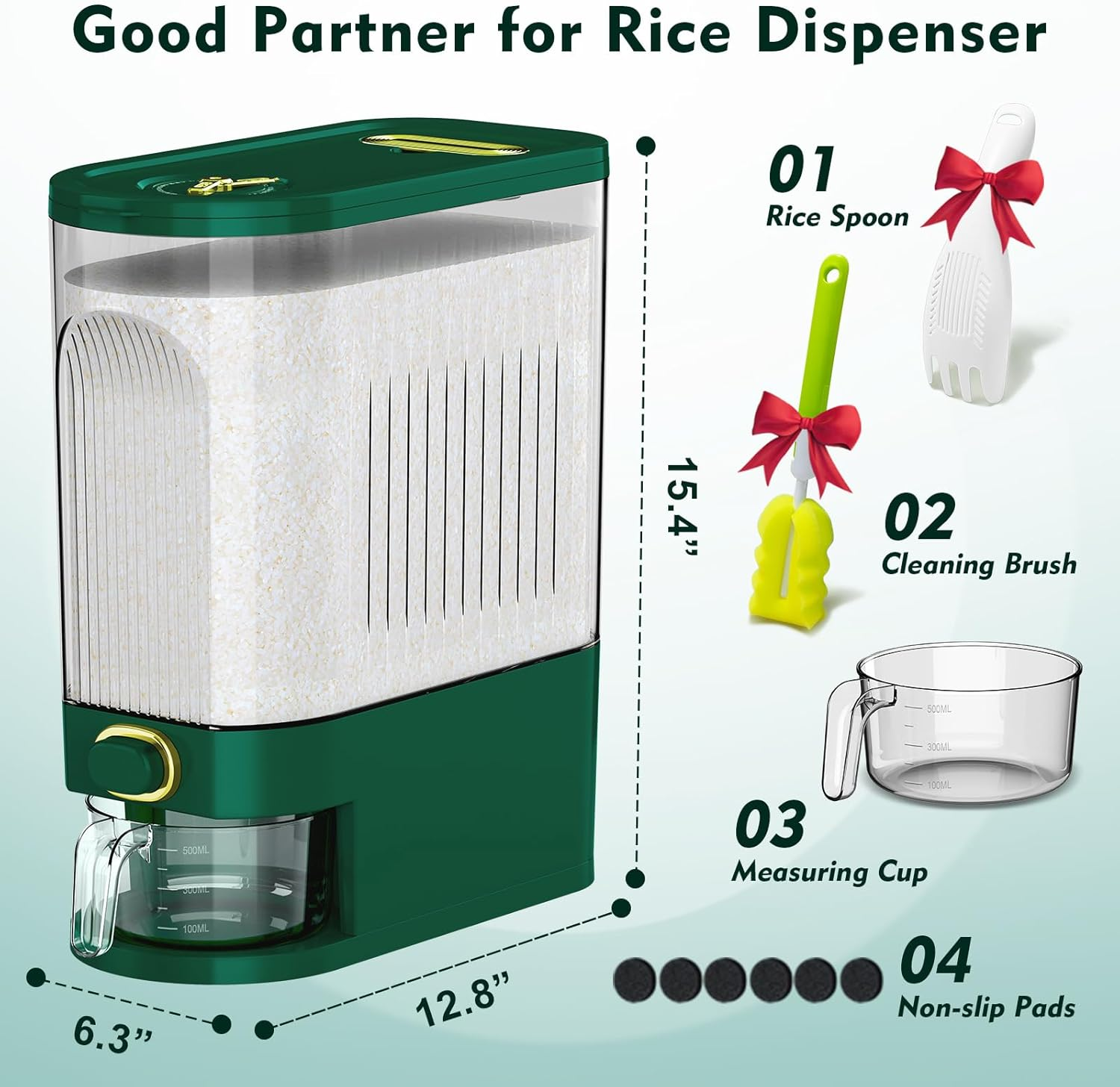 Lenwi 22 Lbs Rice Dispenser, Large Dry Food Storage Container with Measuring Cup & Time Scale, Food Dispenser Kitchen Organization and Pantry Store for Cereal Dry Food (Green) - Blue image number 6