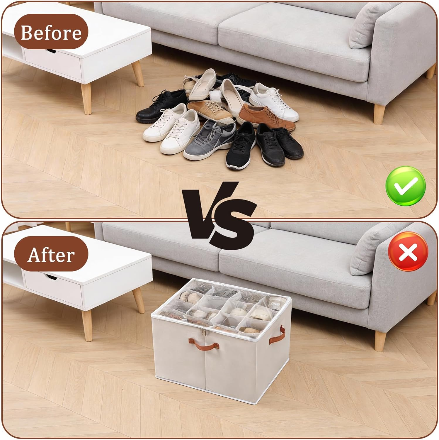 2Pcs Shoe Organizer, Clear Shoe Storage Box, Fits up to 16-32 Pairs, Foldable Shoe Box, Fabric Shoe Storage Bins with Clear Cover, Home Storage & Organisation image number 2