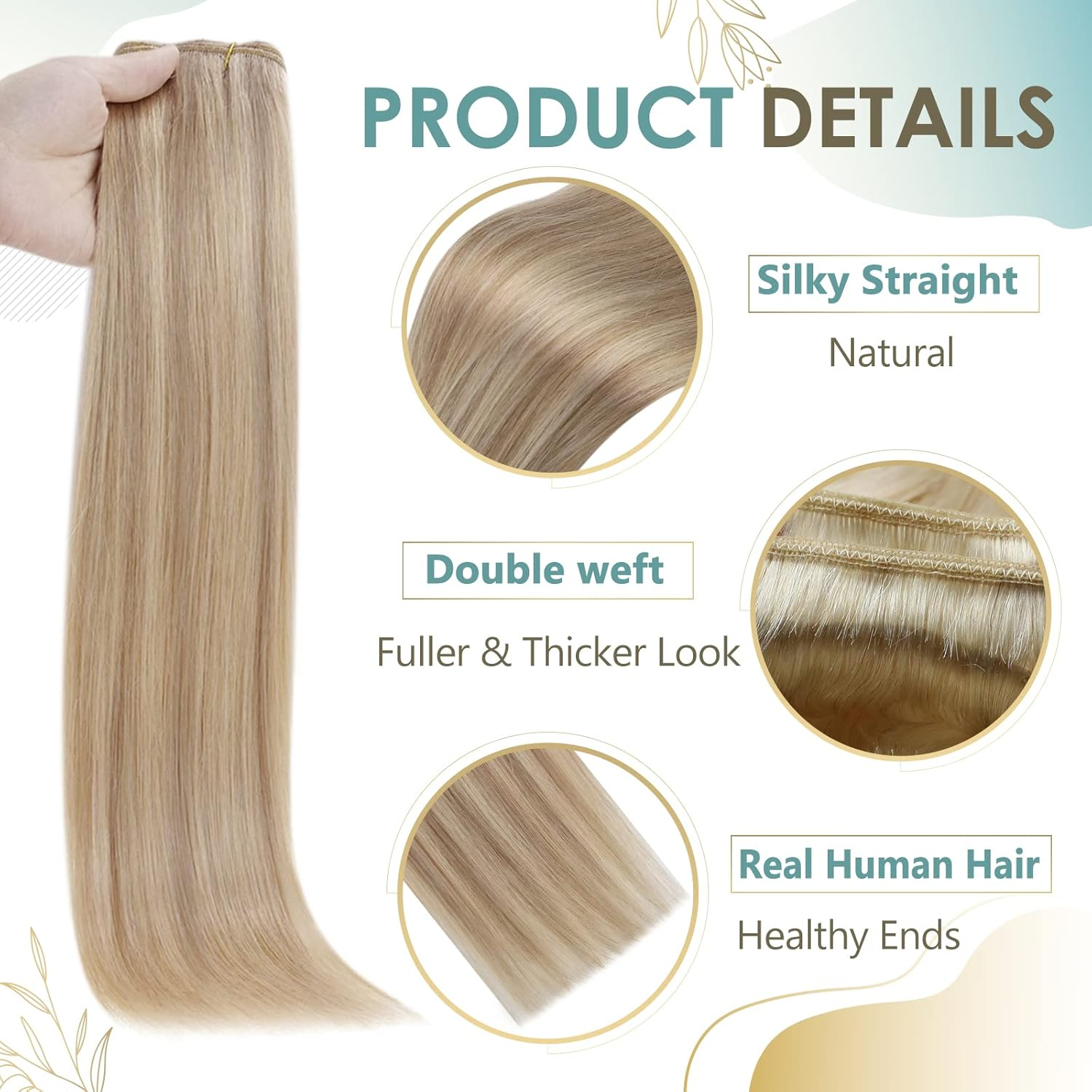 Full Shine Blonde Sew in Hair Extensions Real Human Hair Weft Hair Blonde Highlighted Remy Weft 105 Grams Sew in Straight Hair Bundles 16/22 Golden Blonde Mix Medium Blonde Thick 16 Inch image number 2