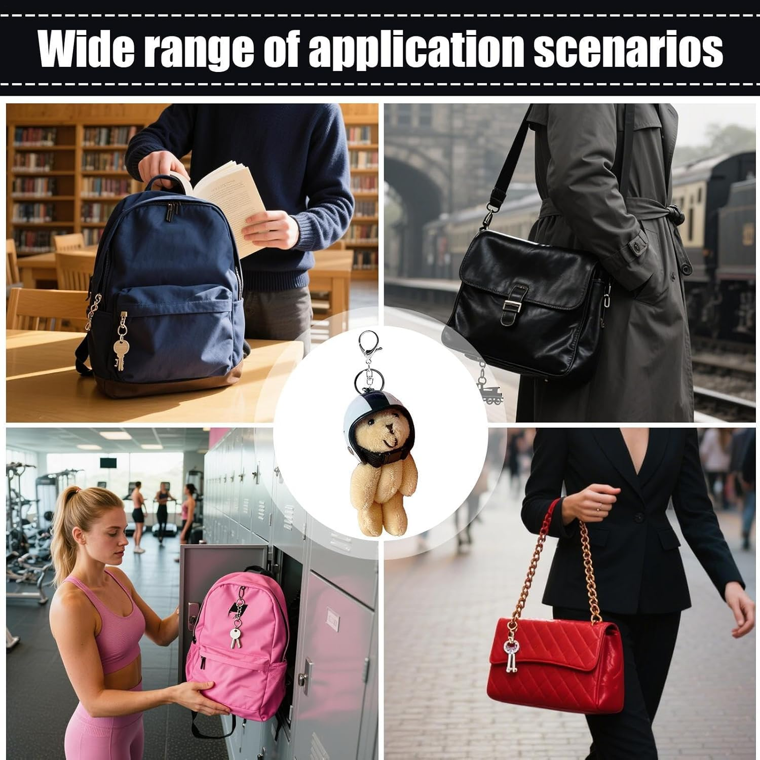 Cute Bear Keychain, Bear Stuffed Animal Keychain with Helmet, Stylish Pendant, Key Chain for Travel Schoolbag Women Wallet - Black And White image number 7