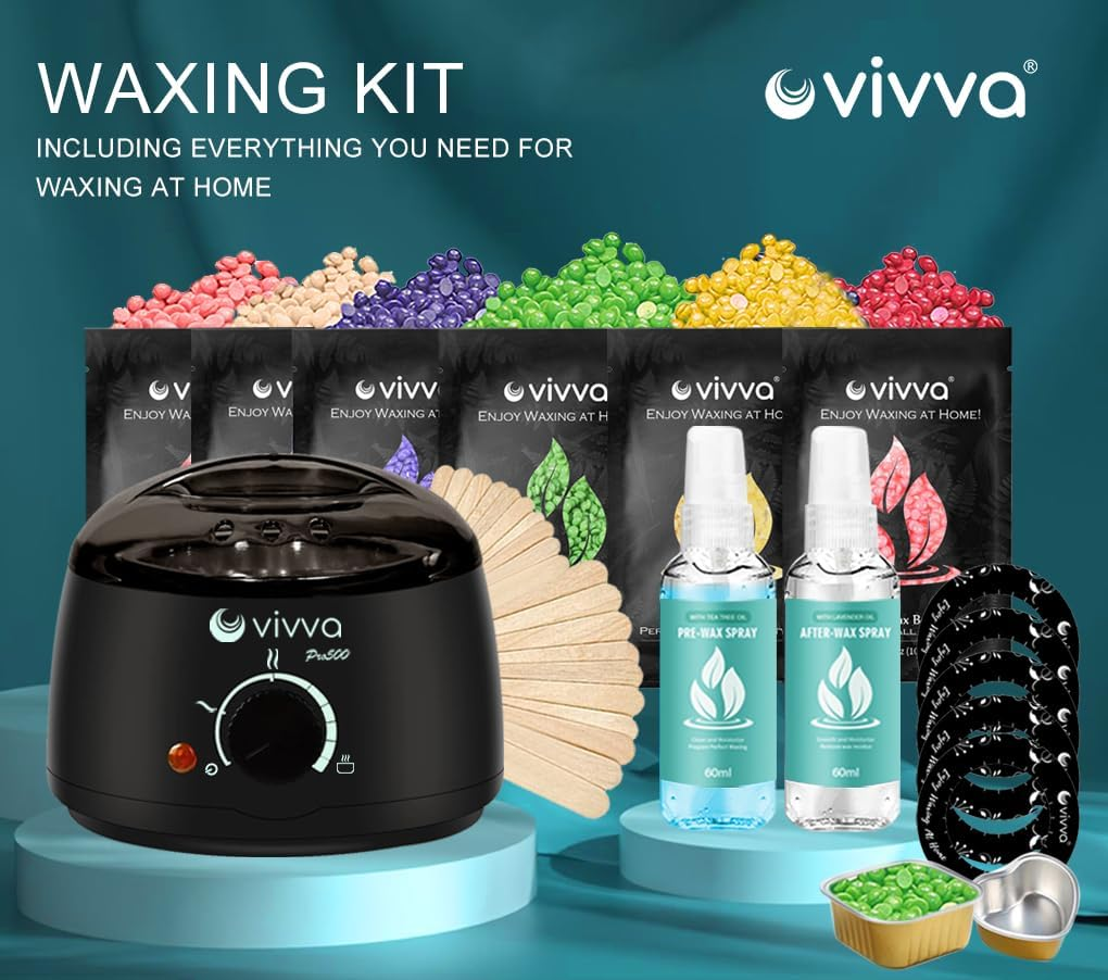 Vivva Waxing Kit, Wax Warmer Hair Removal Adjustable Temperature with 600G Hard Wax Beans and 20 Pcs Wooden Applicator Sticks Painless for Legs, Face, Underarm, Bikini (Black Kits) - Basic Set: Black  300G Lavender image number 4