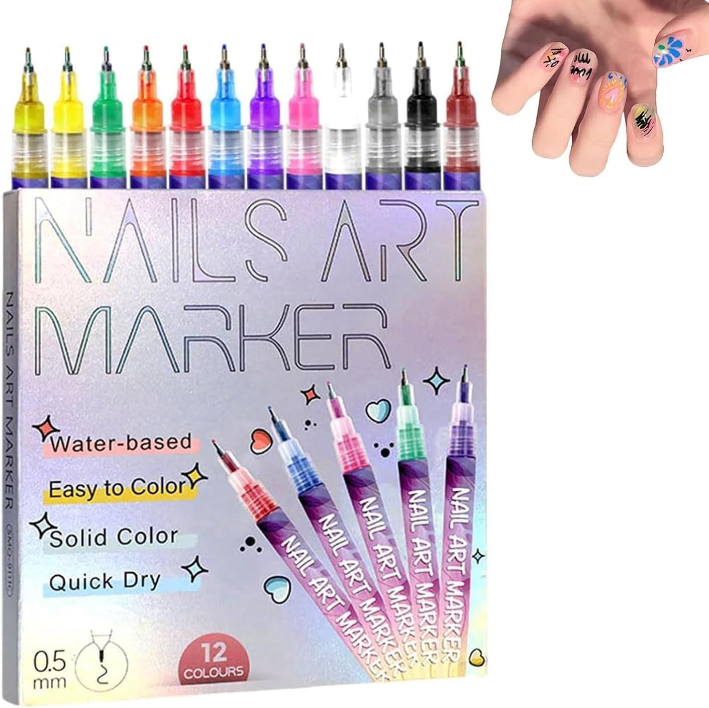 12 Colors Nail Art Pens Set,Entiretotal 12 Colors Nail Art Pens Set, Nail Art Markers Fine Tip, Quick Dry Nail Pens, Drawing Painting Liner Pen 3D Nail Polish Pens Quickly Dry Nail Art Nail DIY Decoration Afeamo image number 5