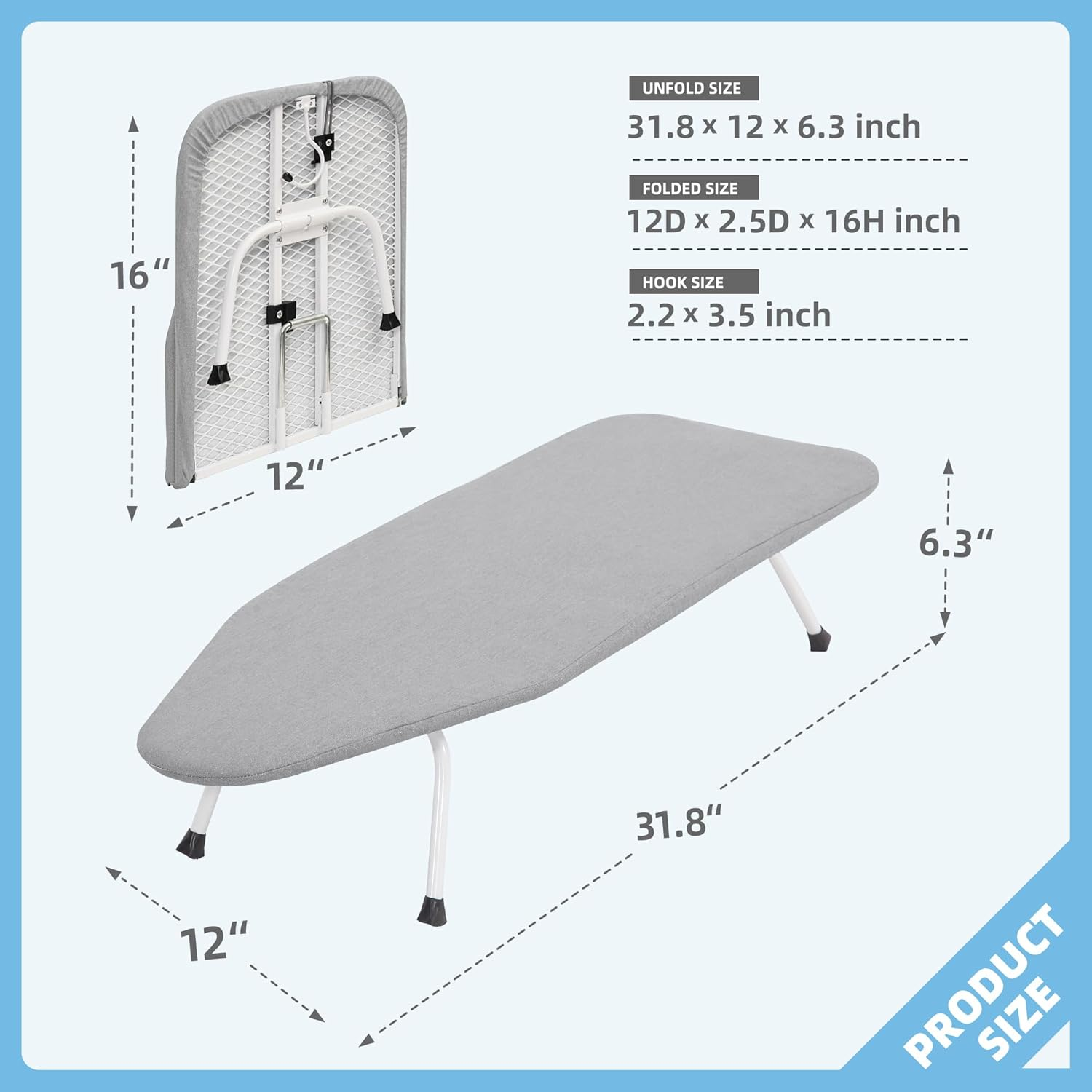 STORAGE MANIAC Tabletop Ironing Broad, All Iron Mini Folding Ironing Broad with 2 Removable Cover, Portable Small Ironing Broad with 7 Mm Thick Pad for Laundry Room, Apartment, Dorms - Silver & Blue