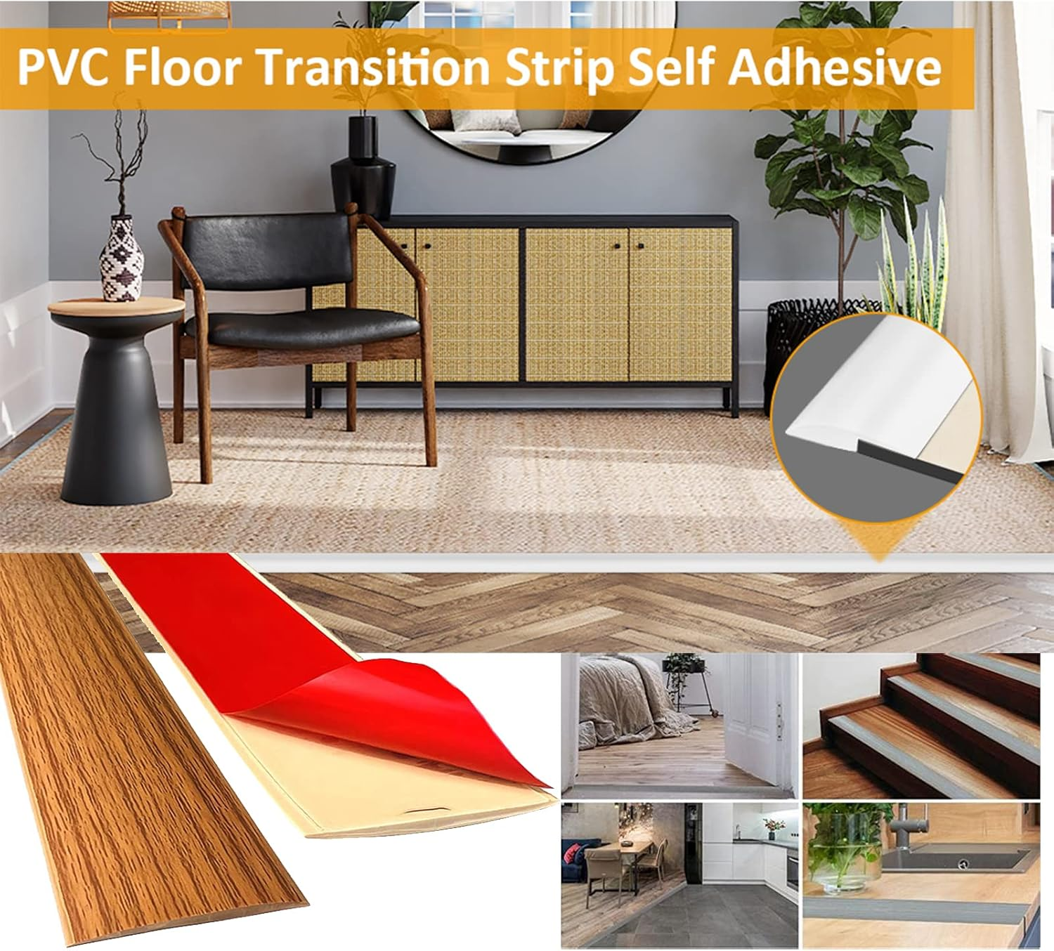 Floor Transition Strip, Self Adhesive Vinyl Floor Edging Trim Transition Strip, Floor Cover Strips, Laminate Floor Strip 1.5&rdquo; Wide Vinyl Floor Flat Divider Strip for Joining Floor Gaps (Brown) image number 2