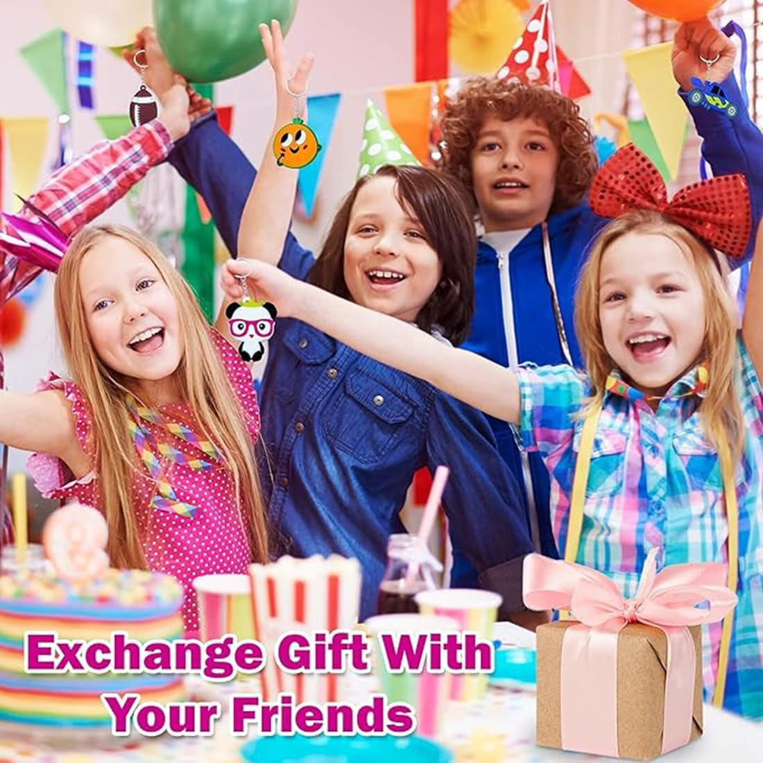 60PCS Cartoon Kids Keychains Bulk Party Favors, Cute Collectible Key Chains Ball Keyring Keychain Pendant for Kid, Party Bag Filler Keychains for School Day Birthday Party Supplies Gift image number 4