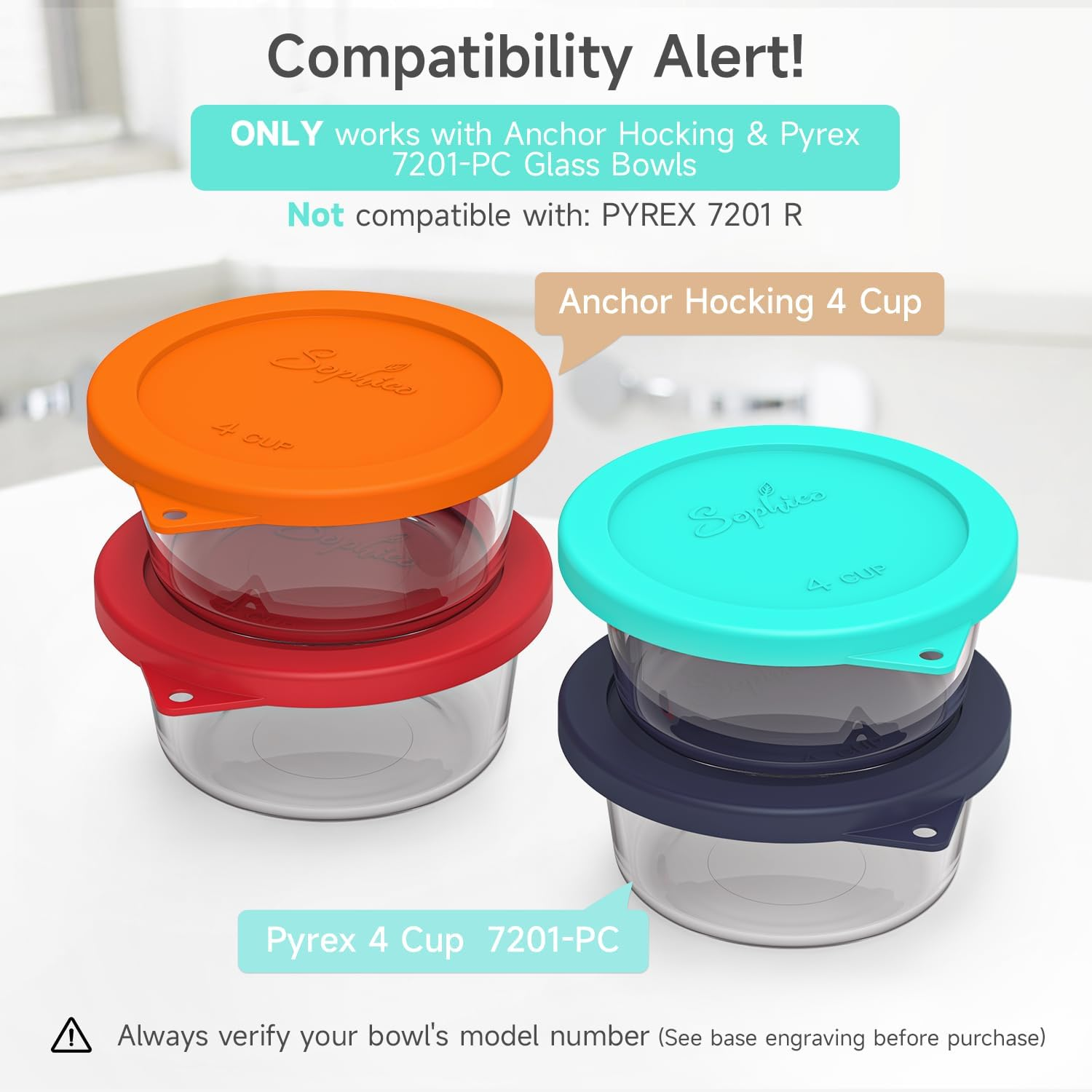 Sophico 4 Cup round Silicone Storage Cover Lids Replacement for Anchor Hocking and Pyrex 7201-PC Glass Bowls (Container Not Included) (Navy Blue-Mint) 4 Pack image number 5