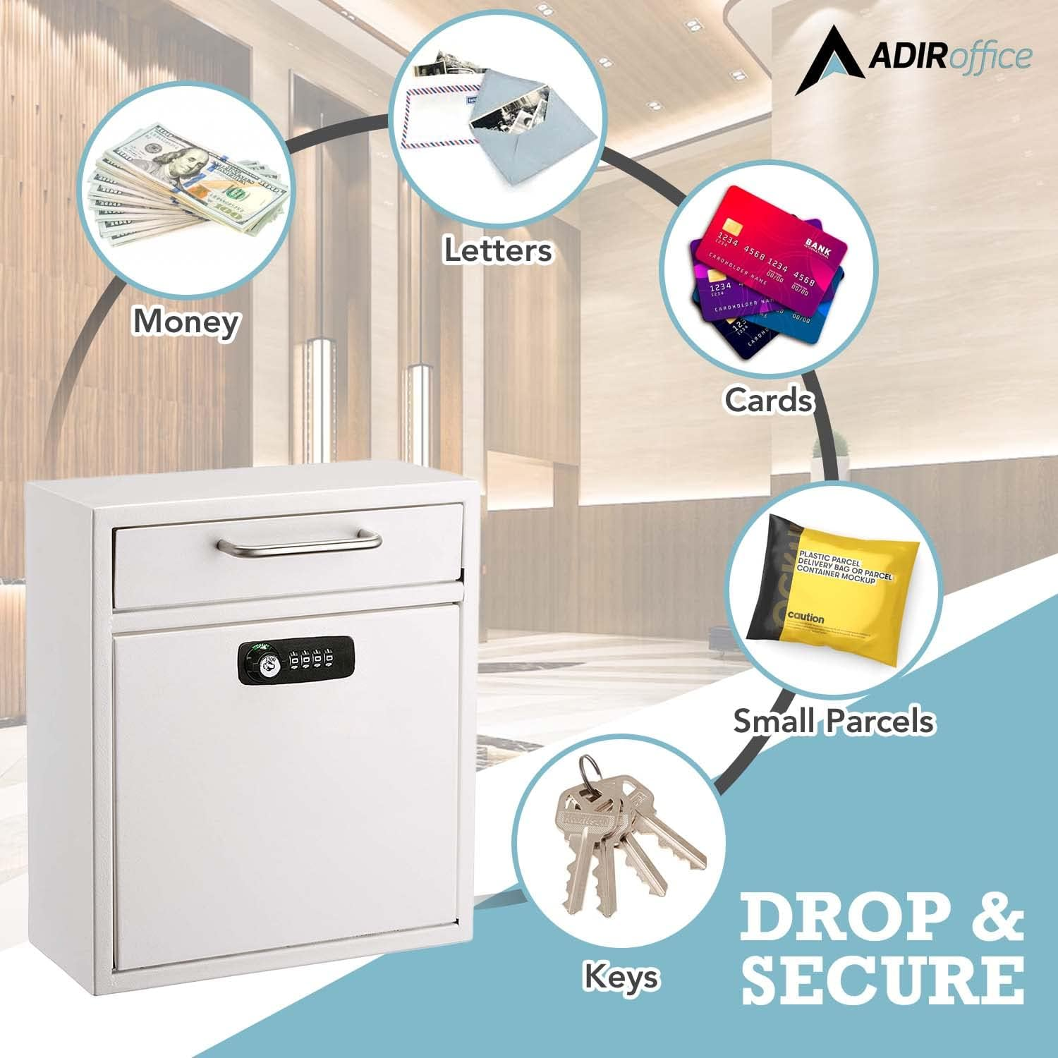 Adiroffice Ultimate Drop Box Wall-Mounted Mailbox - Hanging Secured Postbox - Durable Spacious Key or Combination Lock Box Perfect for after Hours Deposits Payments Key and Letter Drop (Medium, White)