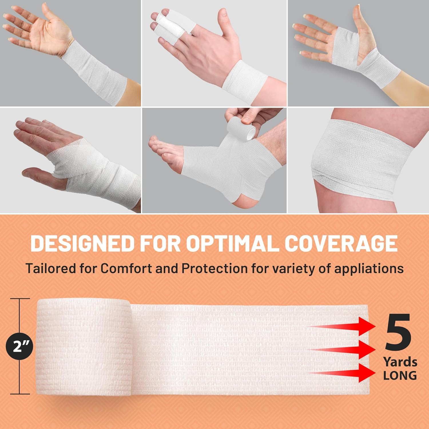 6 Pack, Self Adherent Cohesive Tape - 2&rdquo; X 5 Yards, Self Adhesive Bandage Rolls & Sports Athletic Wrap for Ankle, Wrist, Knee Sprains and Swelling, Vet Wraps in White Color image number 5