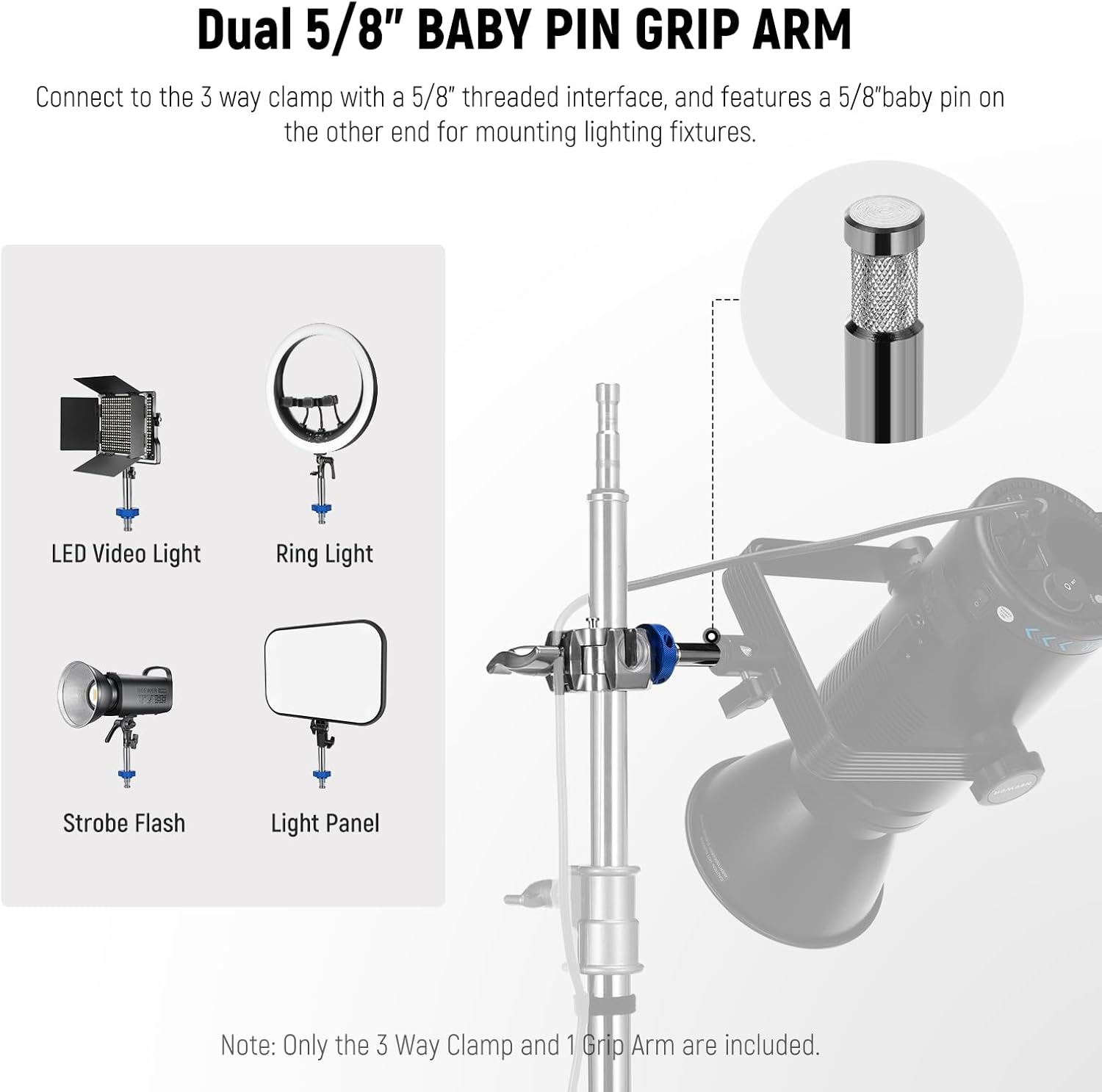 NEEWER 3 Way Clamp with 4.1In/105Mm 5/8" Baby Pin Stud for 1"-1.4"/25-35Mm Tube C Stand Boom Arm Grip Arm Photography Light Stand, Stainless Steel for LED Video Light Flash, Max Load 22Lb/10Kg, UA045 image number 1