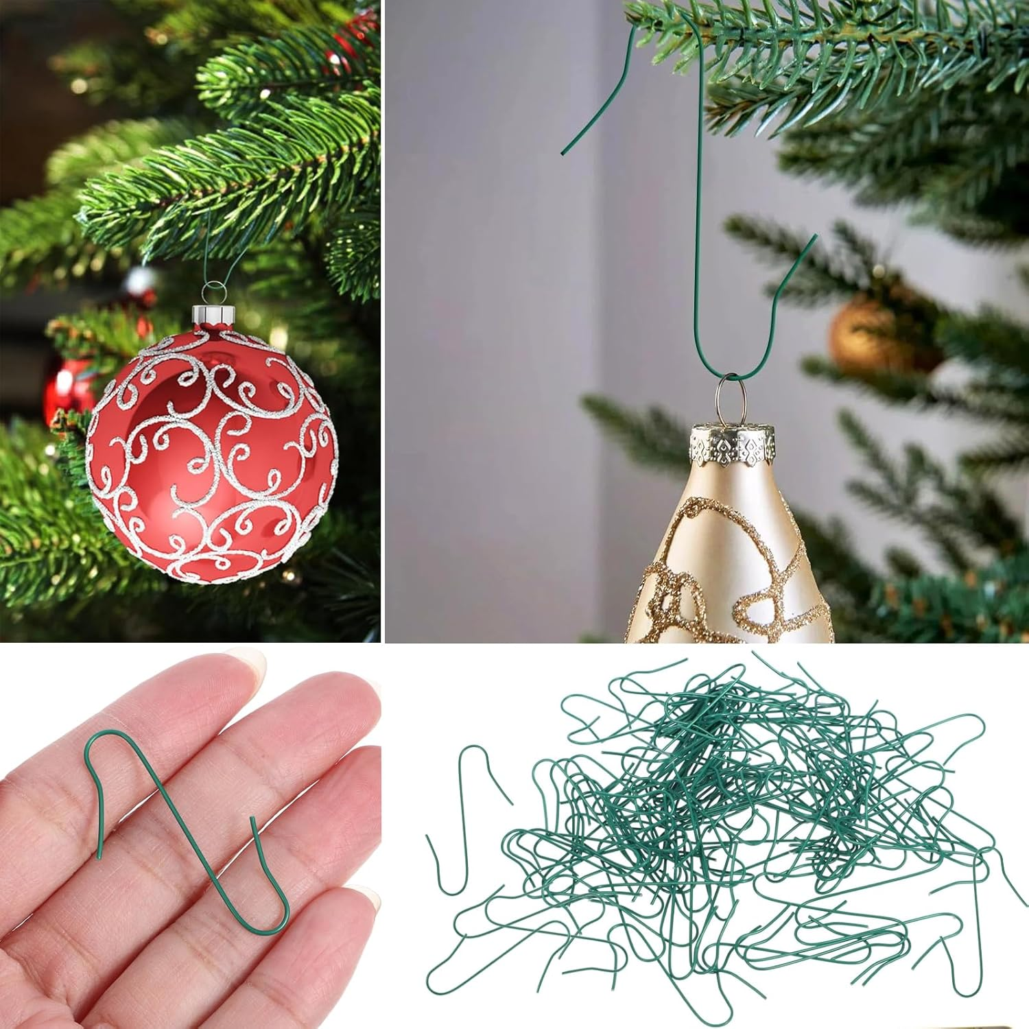 Christmas Tree Ornament S Hooks,Haakhui 200Pcs Metal Wire Ornament Hooks,Lightweit and Easy Haning to Xmas Tree,Gold and Green Easy Matching Anywhere image number 3