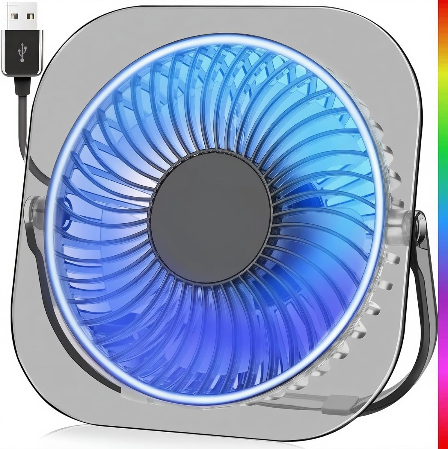GOBRILLFUN Desk Fan with 3 Speeds, 180&deg; Rotation & Anti-Slip Base &ndash; Usb-Powered RGB Gaming Quiet Cooling Fan for Home, Office, Gaming &ndash; 20,000 Hr Durable Brushless Motor (Transparent Grey)