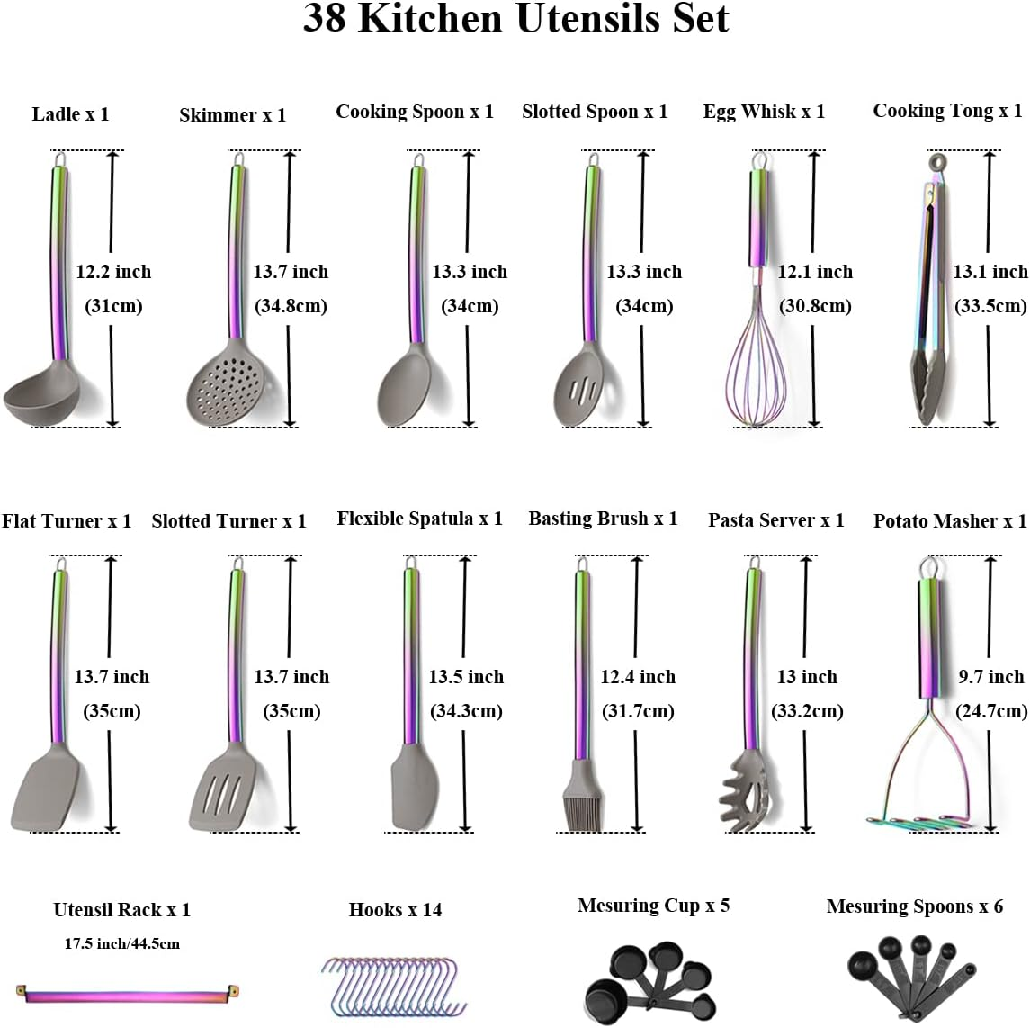 38 Piece Silicone Kitchen Cooking Utensils Set with Utensil Rack, Silicone Head and Stainless Steel Handle Cookware, Kitchen Tools, Non-Stick Kitchen Gadgets, Dishwasher Safe (Rainbow) image number 4