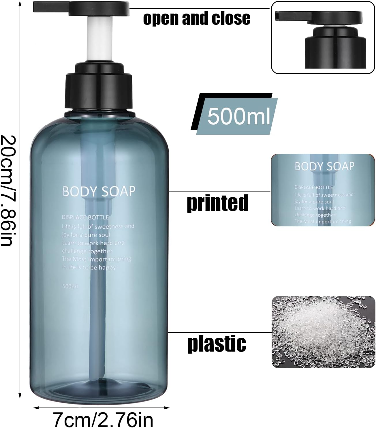16.9 Oz Shampoo and Conditioner Dispenser with Black Plastic Pump, 3 Pack Shampoo Conditioner Body Wash Dispensers, Shower Soap Dispensers, Blue Plastic Refillable Shampoo and Conditioner Bottles image number 1