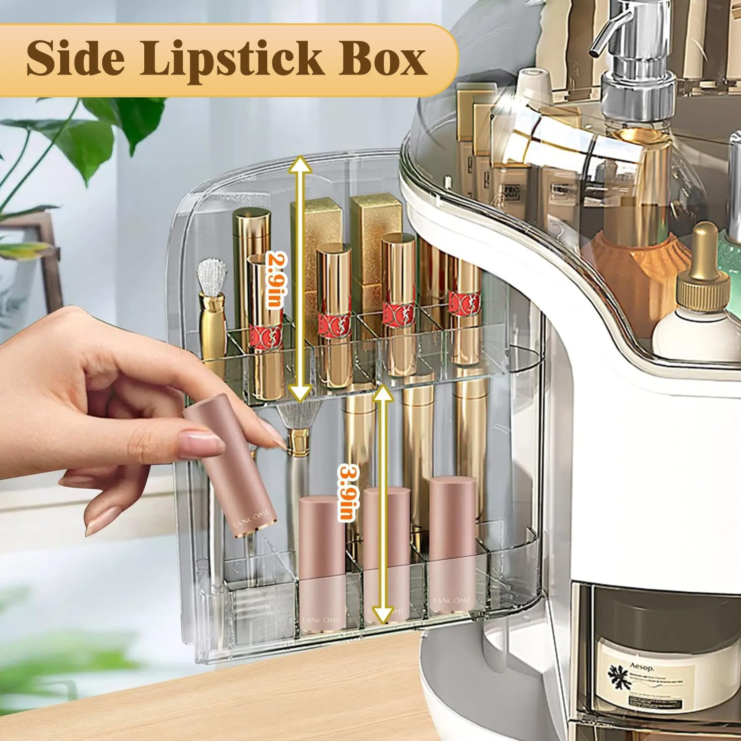 Makeup Organizer for Vanity, Portable Cosmetic Storage Box with Transparent Lid and Rotating Drawer, Dustproof and Waterproof Large Countertop Organizer Make up Holder for Bedroom, Bathroom image number 4