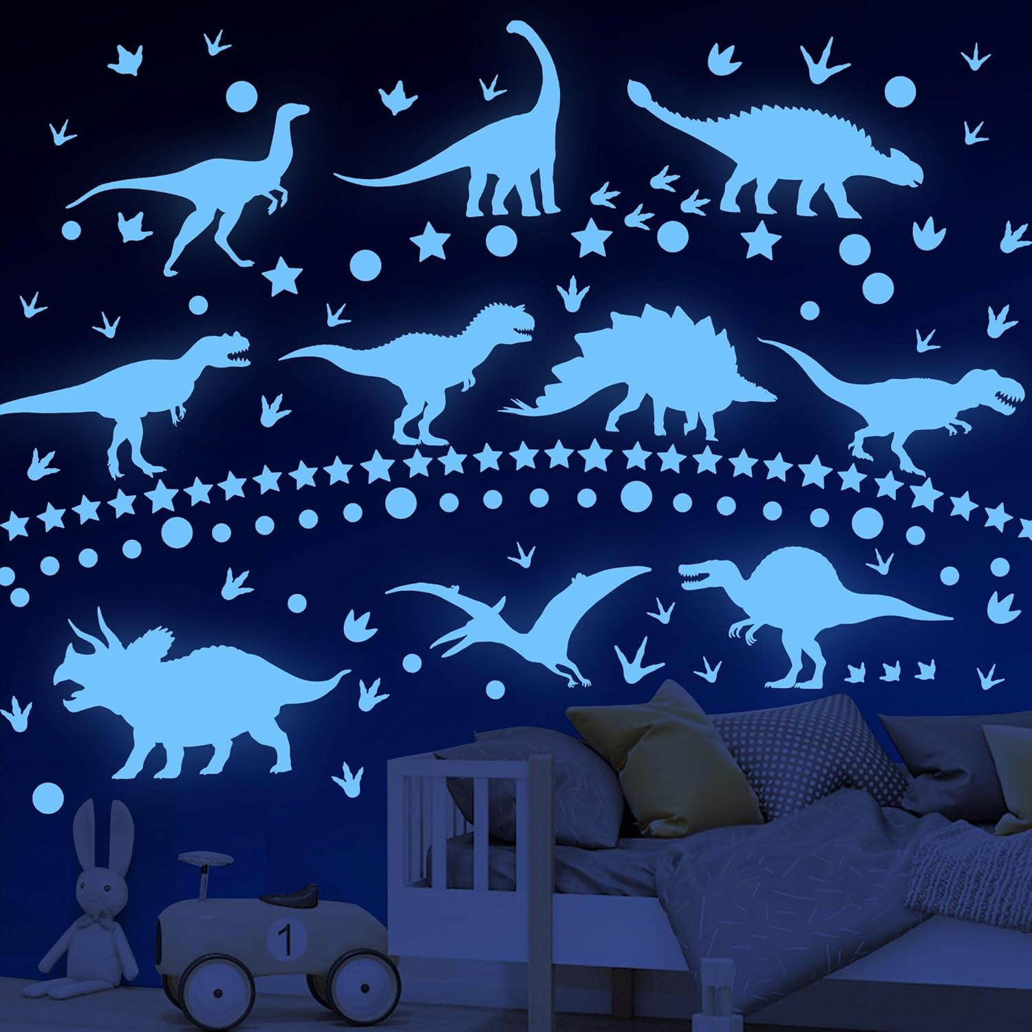 Glow in the Dark Stars Dinosaur Wall Decals Glowing Dinosaur Wall Stickers Luminous Dino Wall Decals Glow in the Dark Stars for Ceiling Boys Girls Bedroom Living Room Wall Decoration image number 2