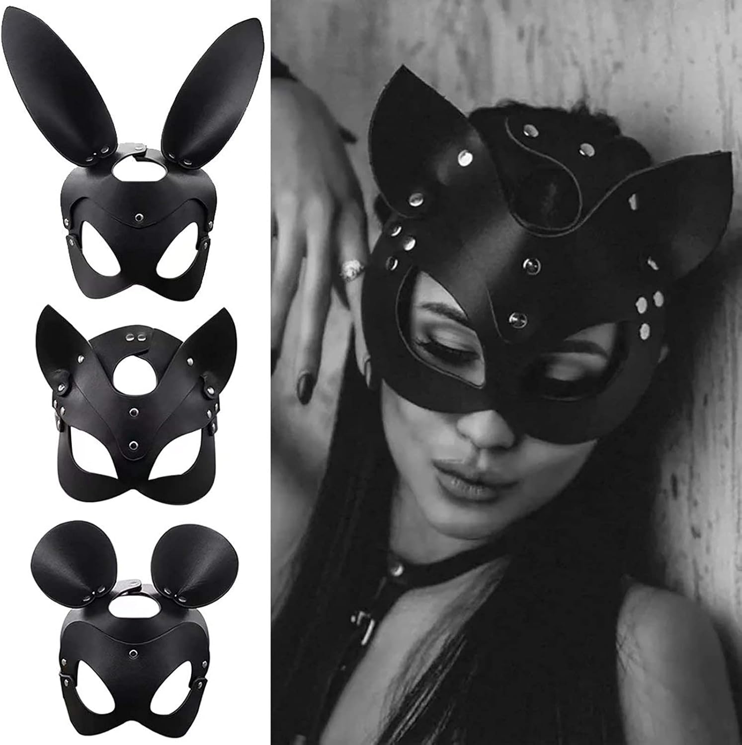 Woman Leather Cat Mask Costume Bunny Fox Masks,Animal Half Face Mask Cosplay Halloween Party Women Ladies - A.Black-Cat image number 3