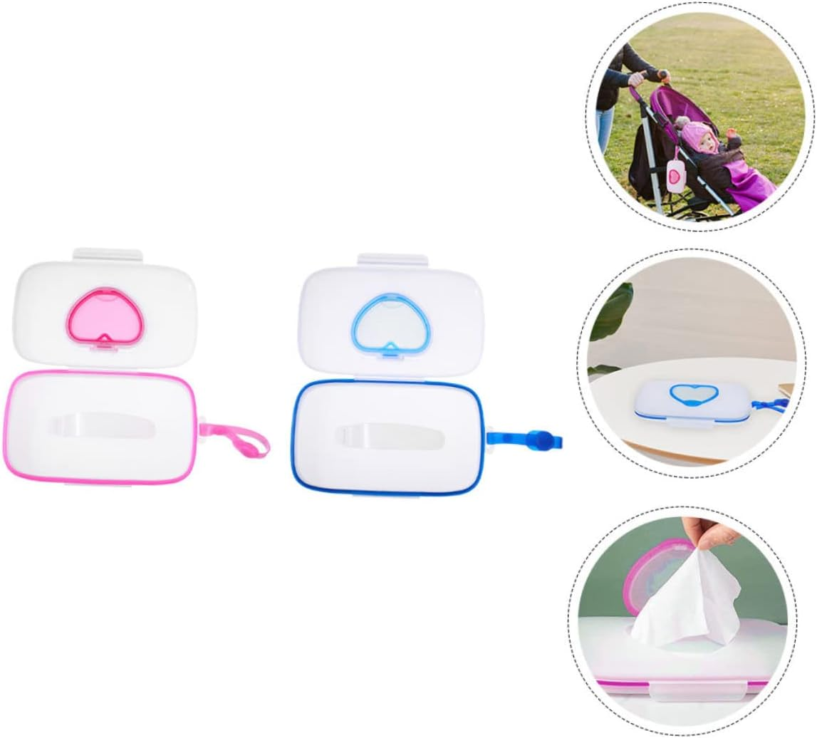 Portable Baby Tissue Case Heart Pattern, Reusable Wipes Holder for Travel, Compact Wipes Storage Box in White and Pink or White and Blue, 2Pcs Set