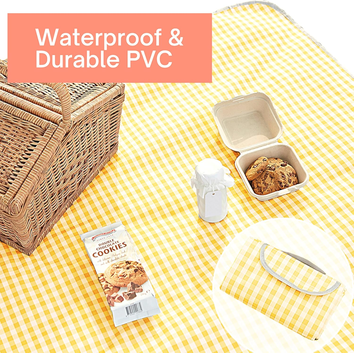 ESLA Picnic Blanket, Waterproof Foldable, in Large 80X60In and Extra Large 80X80In, Cute Gingham Picnic Blanket, Portable Compact Beach Blanket, Oversized XL Outdoor Mat Yellow image number 5